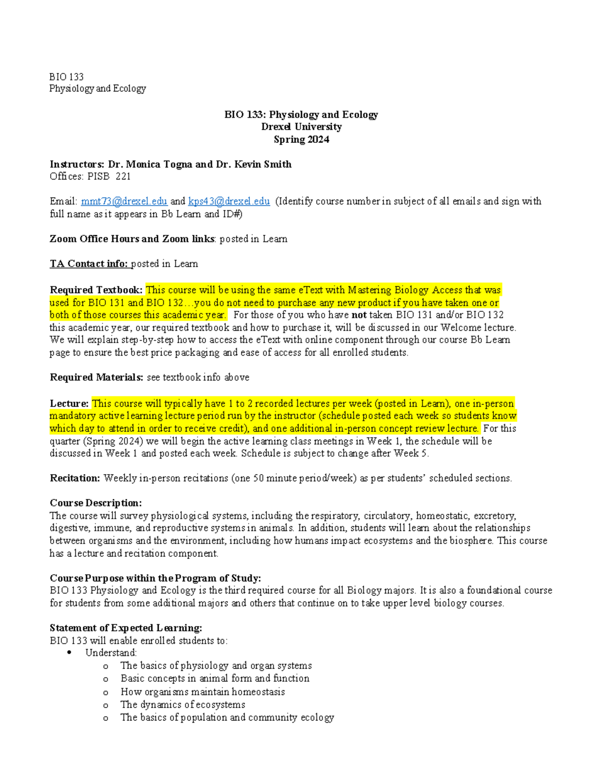 BIO 133 Physiology and Ecology Syllabus Spring 2024 - Physiology and ...