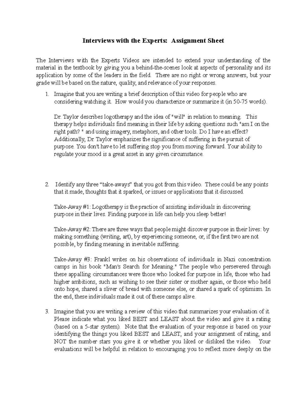 Experts 5-Kast - Interviews with the Experts: Assignment Sheet The ...