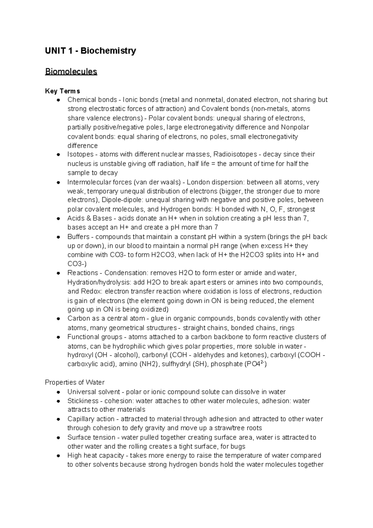 Unit 1 Review Modules 13 UNIT 1 Biochemistry Biomolecules Key