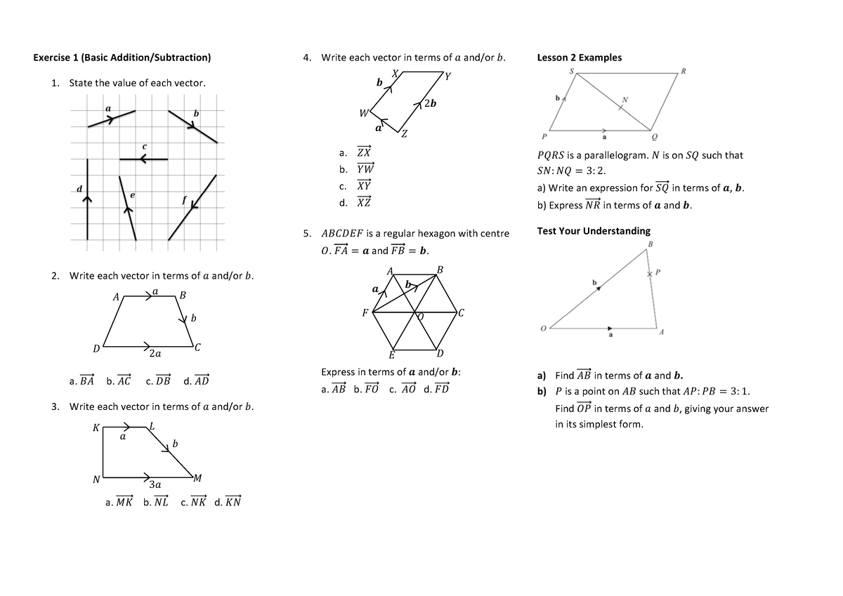 Introduction to Vectors - Exercise 1 (Basic Addition/Subtraction) State ...