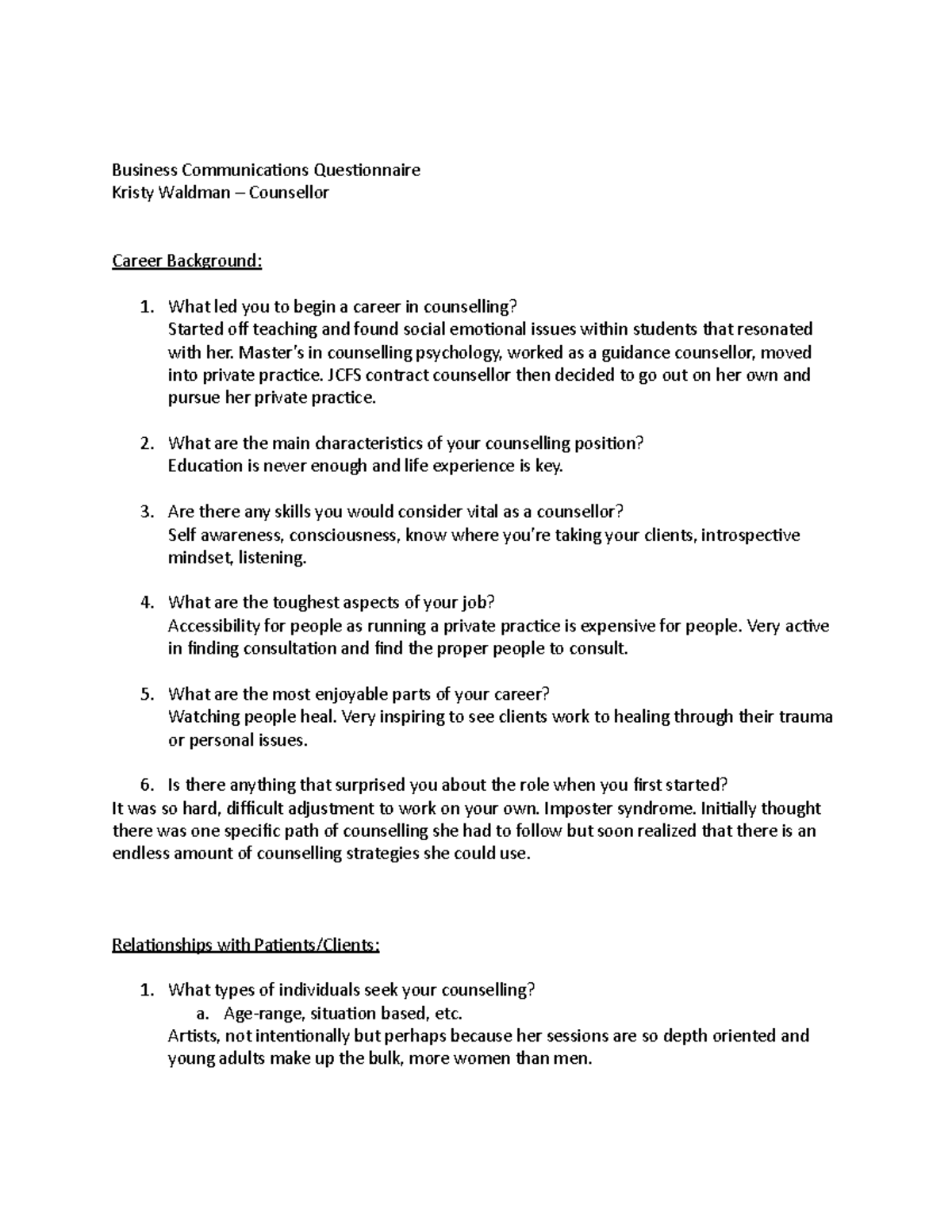 Business Communications Questionnaire - Master’s in counselling ...