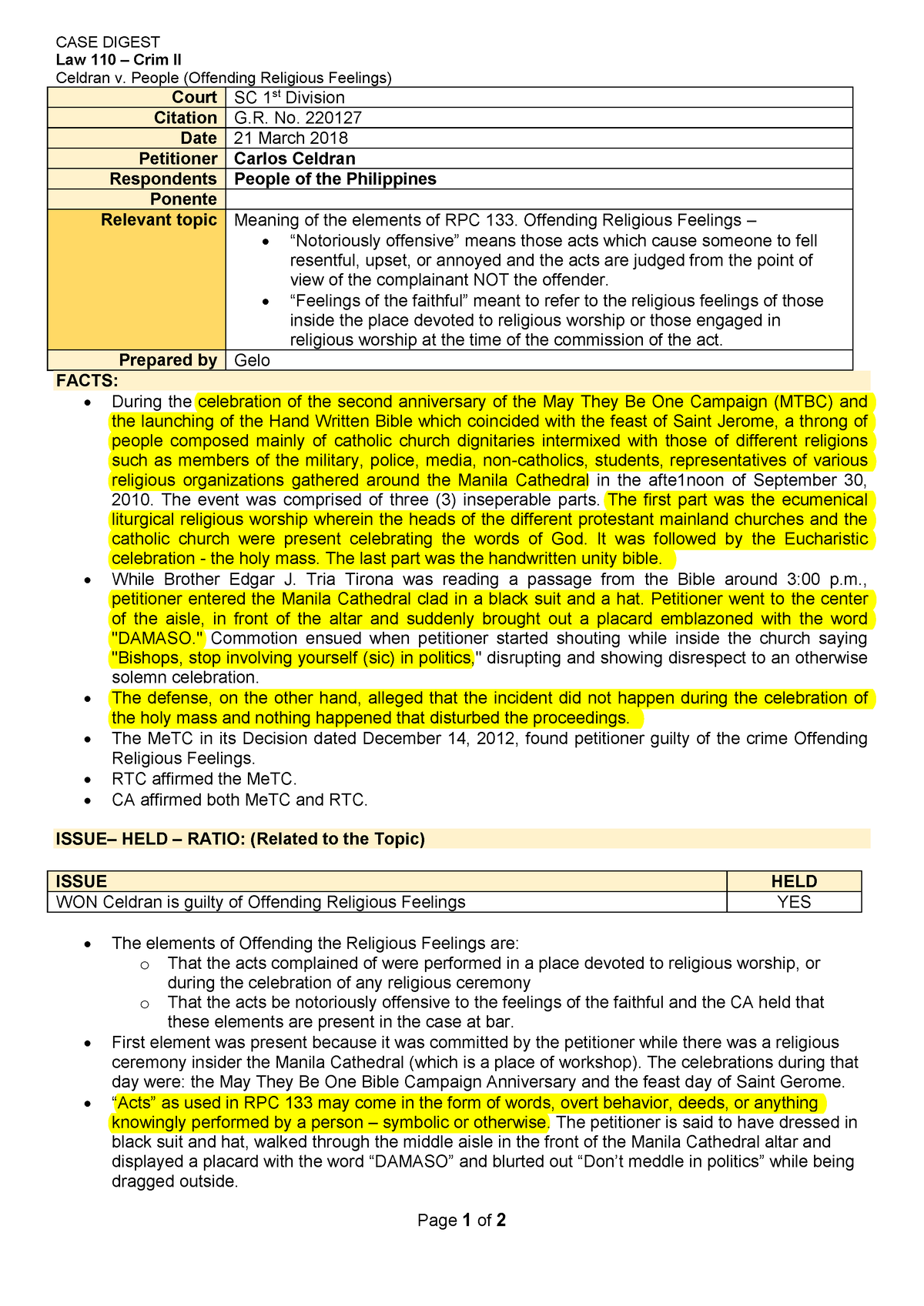 Celdran v. People - Lecture notes 1 - CASE DIGEST Law 110 – Crim II ...