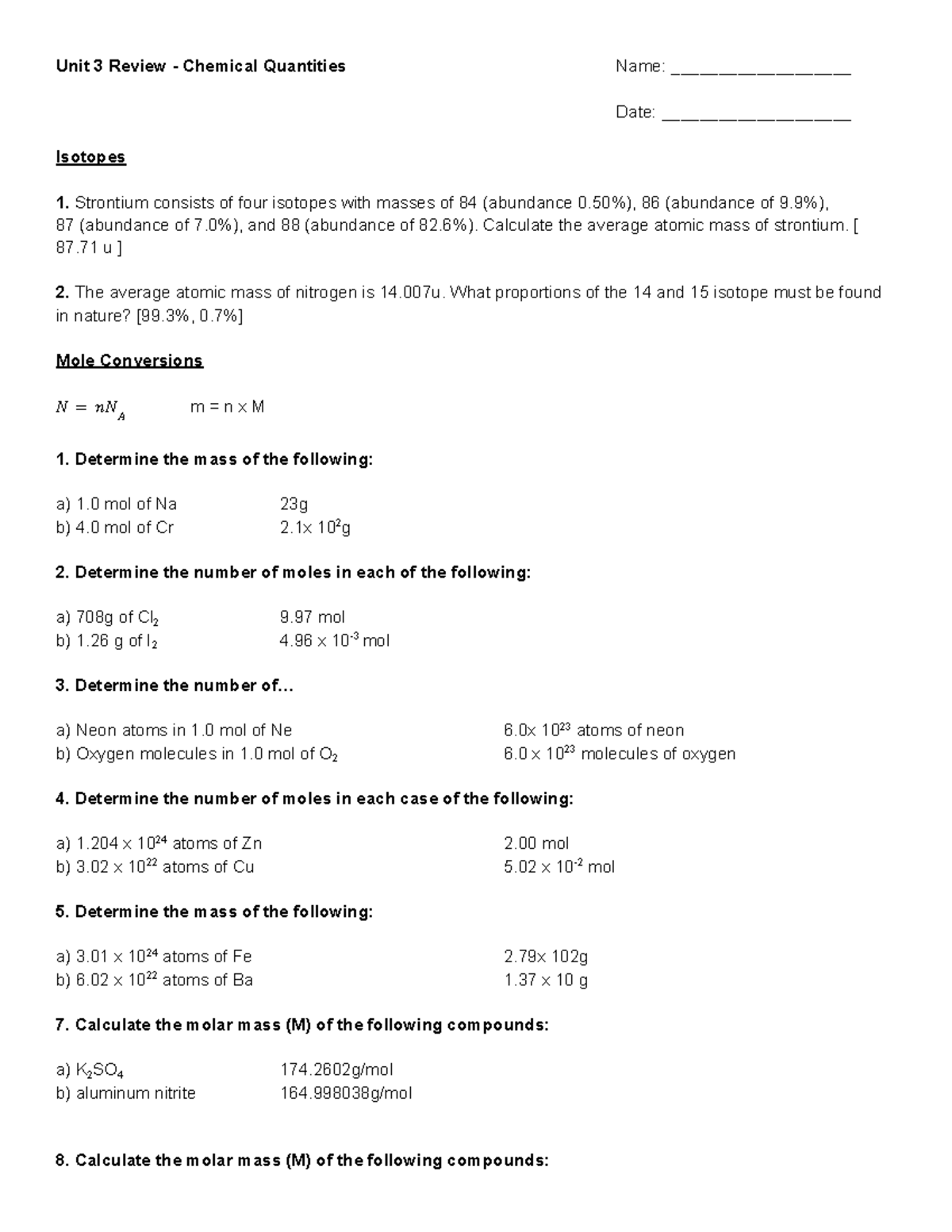 Unit 3 Quantities Review Unit 3 Review Chemical Quantities Name