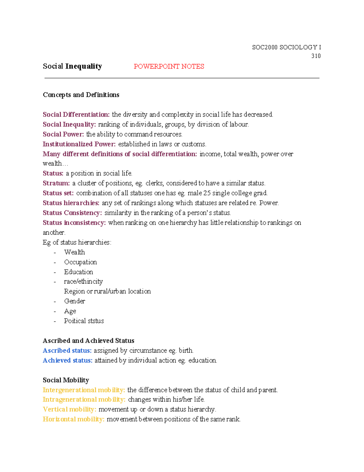 W12 Notes - SOC2000 SOCIOLOGY I 310 Social Inequality POWERPOINT NOTES ...