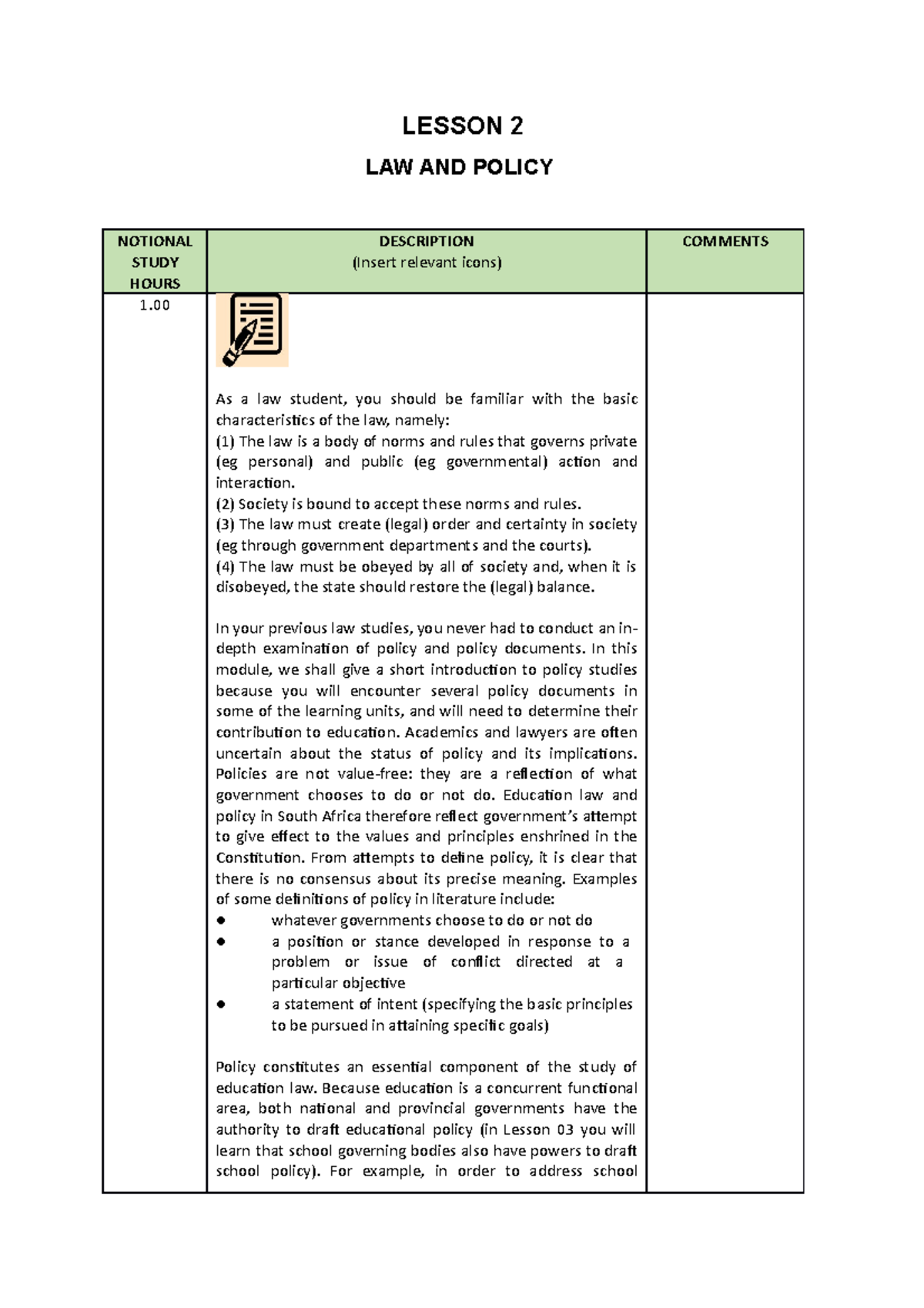Lesson 2 Study Guide Summary Material LESSON 2 LAW AND POLICY