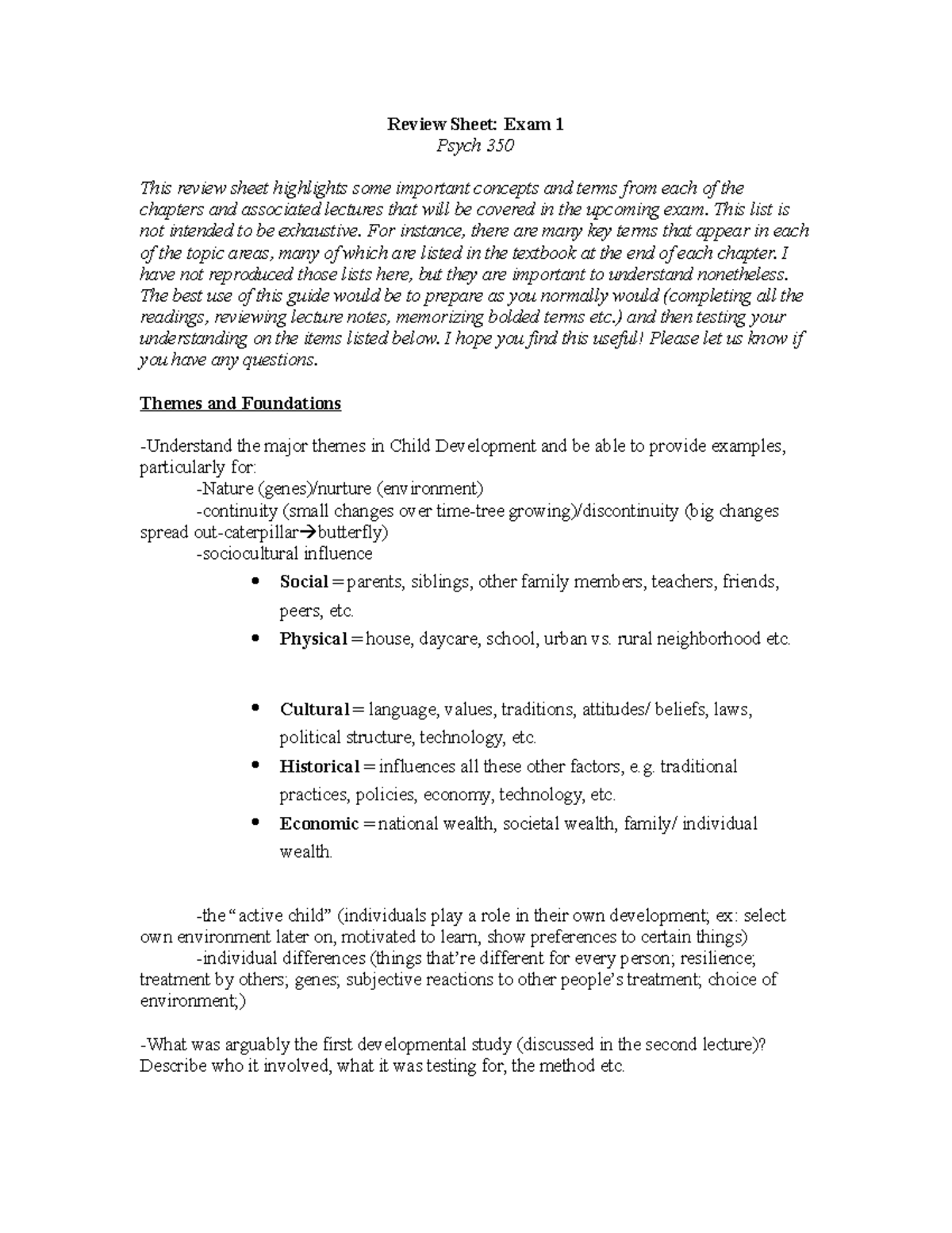 Developmental Psychology-Exam 1 Study Guide - StuDocu