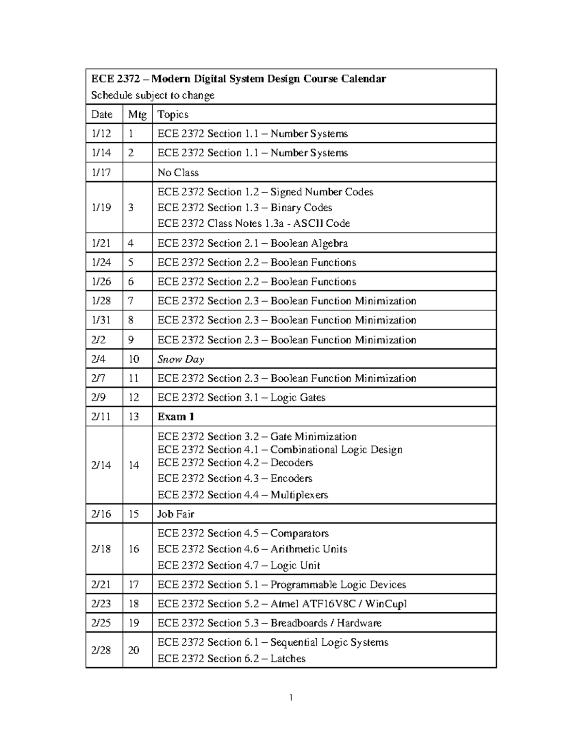 ECE 2372 - Daily Calendar For Lecture Topics - 1 ECE 2372 – Modern ...