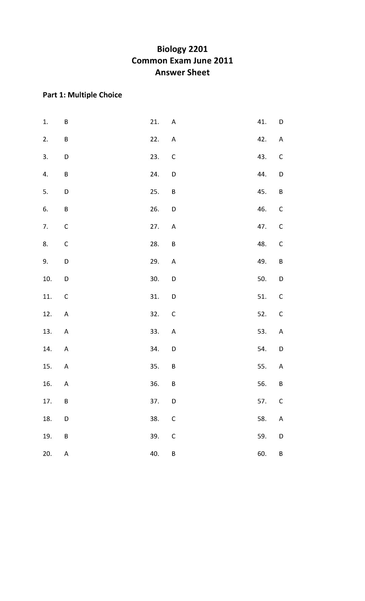 Biology 2201 june 2011 final exam answer key Biology 2201 Common Exam June 2011 Answer Sheet