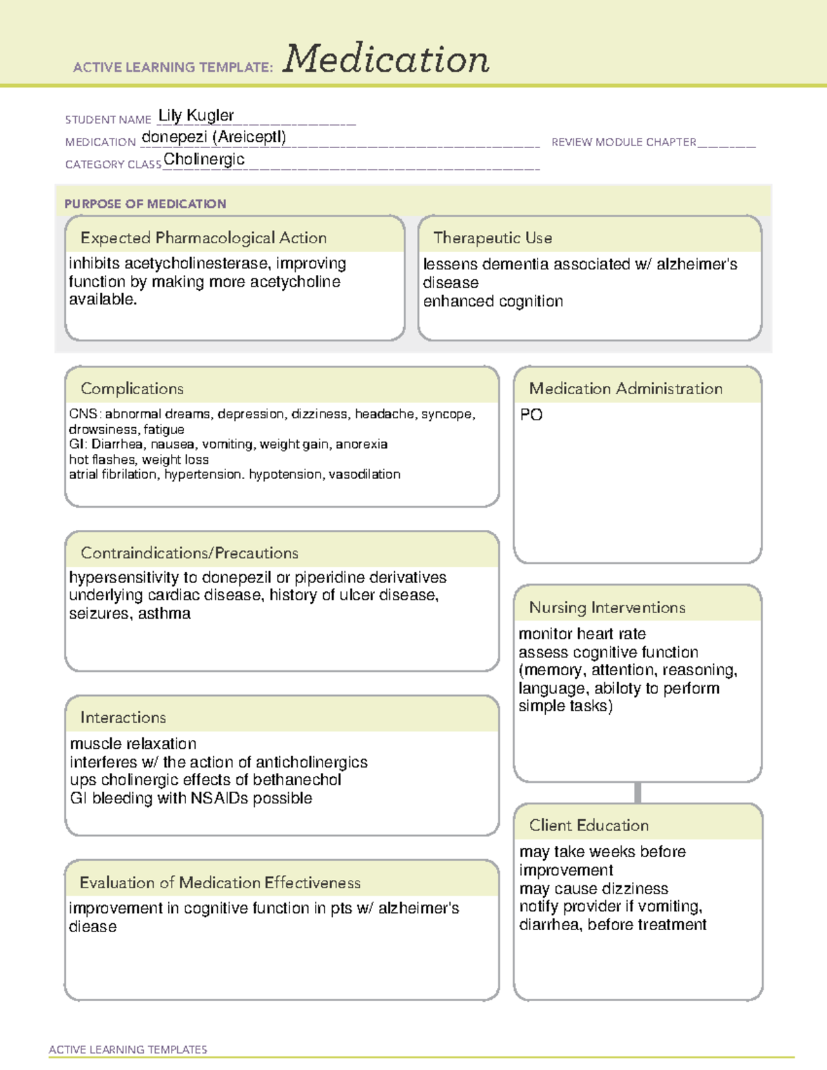 Aricept - med for med surg - ACTIVE LEARNING TEMPLATES Medication ...