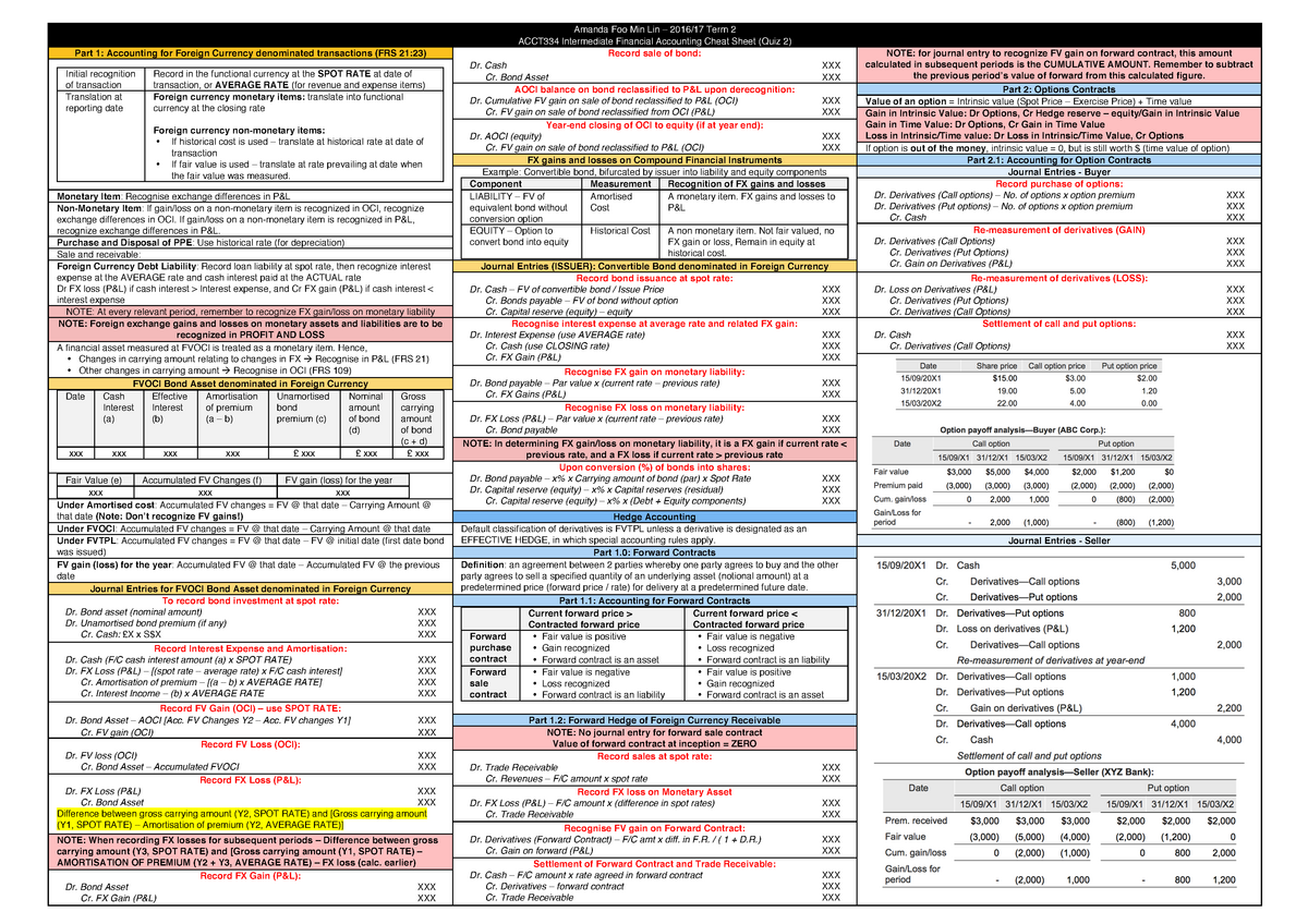 IFA Cheat Sheet (Quiz 2) - Part 1: Accounting for Foreign Currency ...