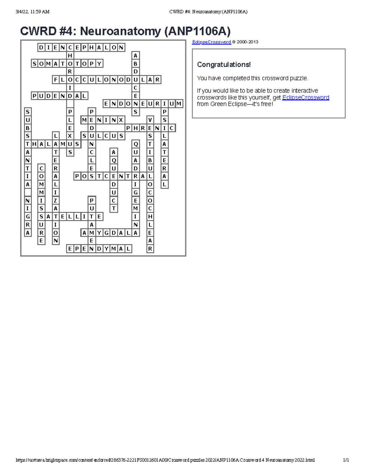 Crossword 4 Neuroanatomy ANP1106 A 3/4/22, 1159 AM CWRD 4