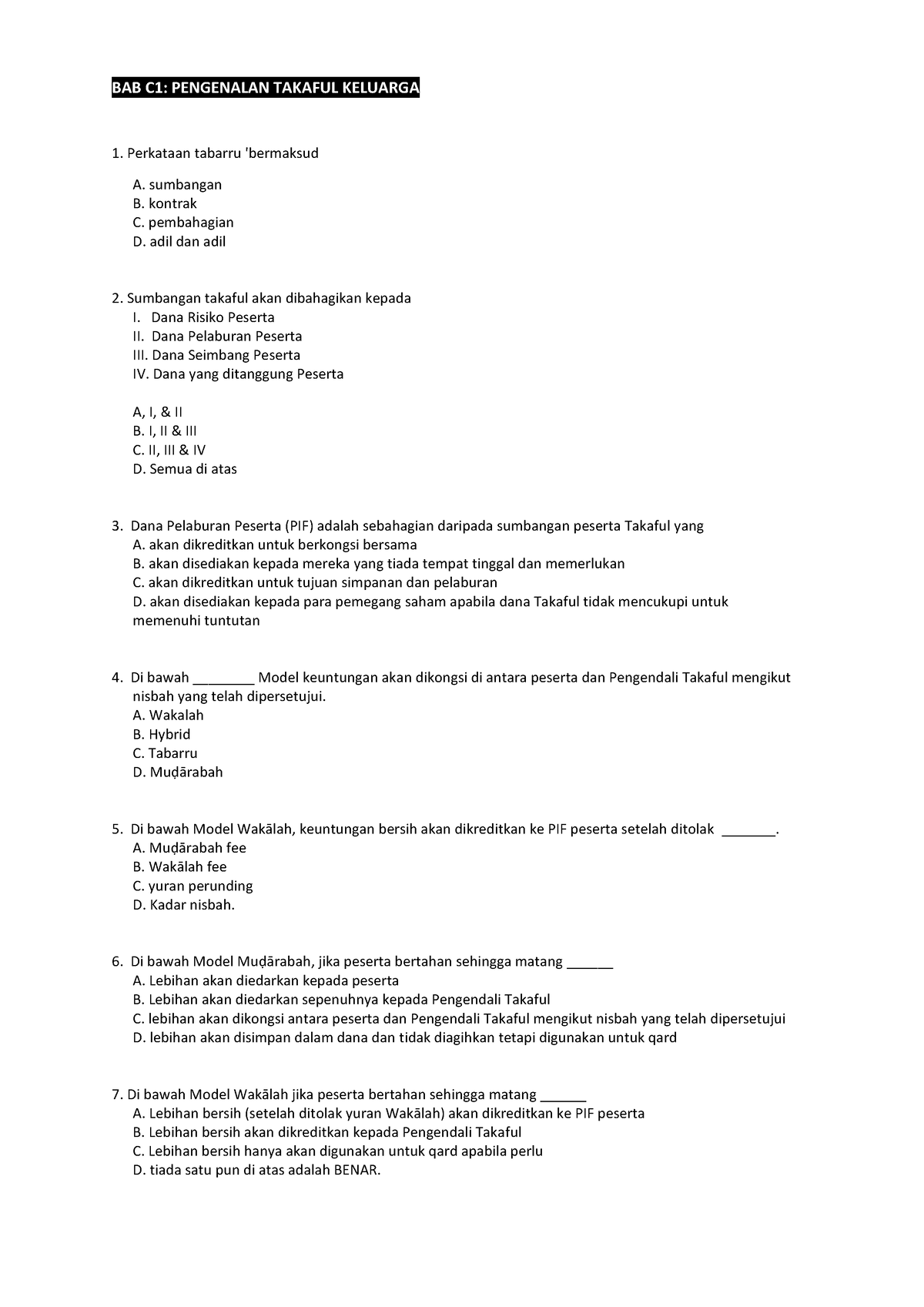 Contoh Soalan TBE Set 9  human resource  BAB C1 PENGENALAN TAKAFUL