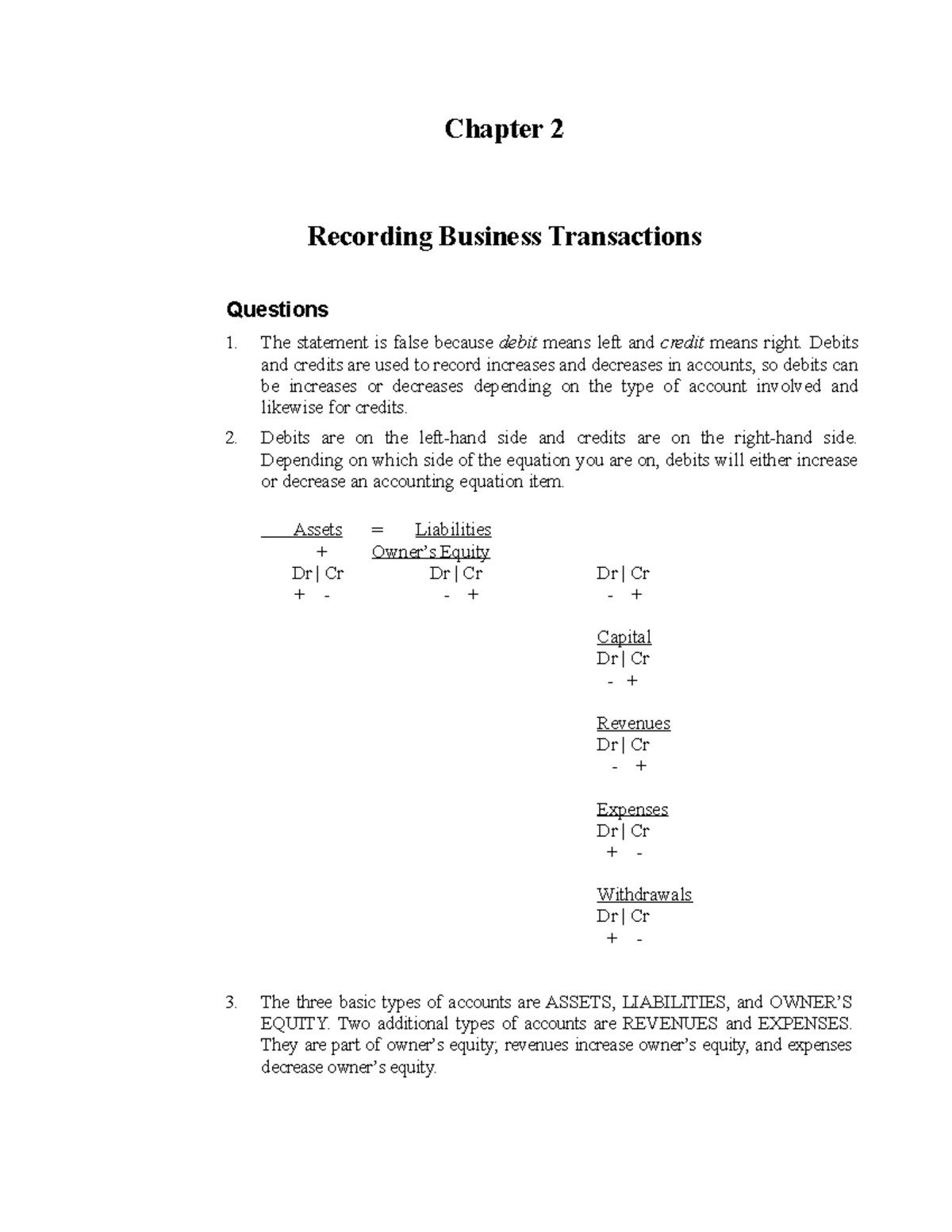 Ch 2 - Solutions - Chapter 2 Recording Business Transactions Questions ...
