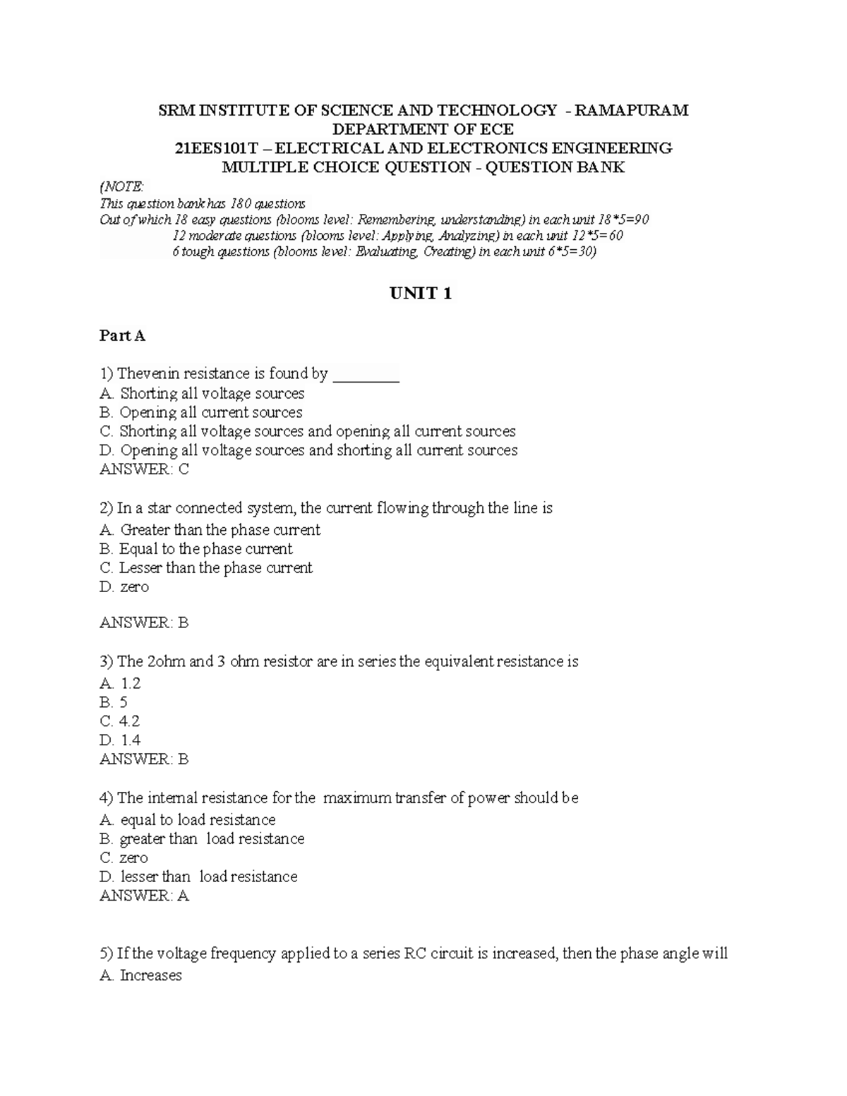 Unit 1 EEE Question BANK - SRM INSTITUTE OF SCIENCE AND TECHNOLOGY ...