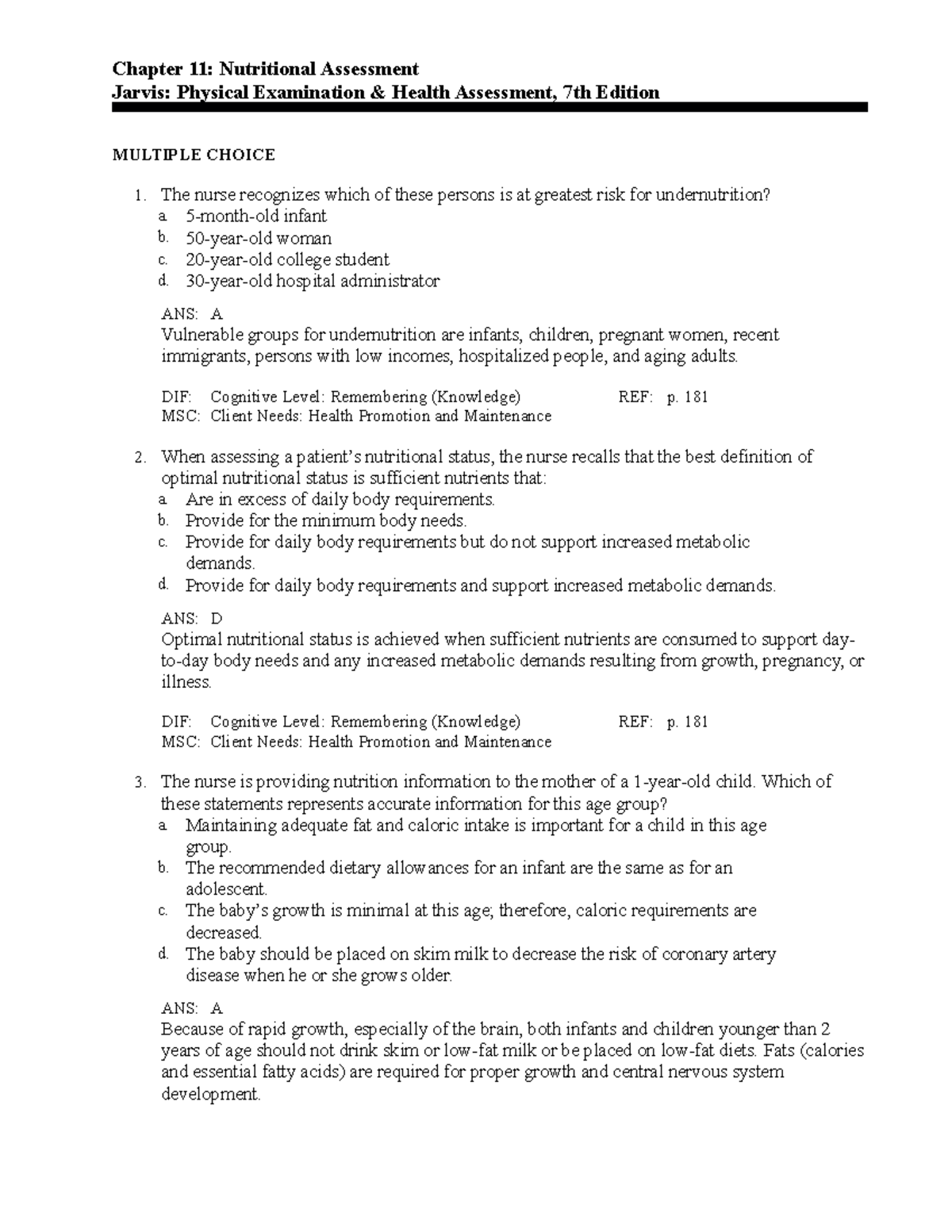 349170775 Ch11 Jarvis Test Bank rtf - Chapter 11: Nutritional ...