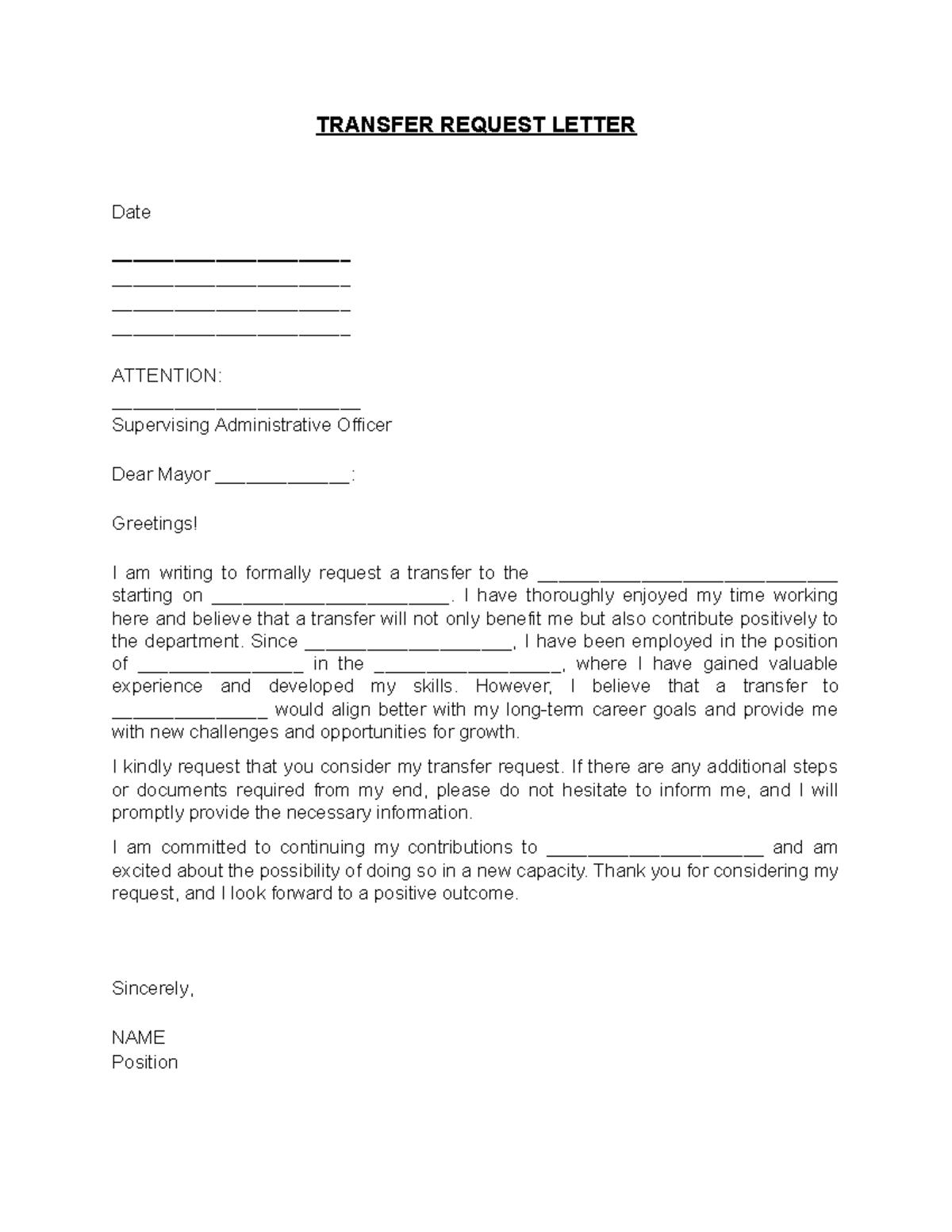 Sample Transfer Request Letter - TRANSFER REQUEST LETTER Date ATTENTION ...