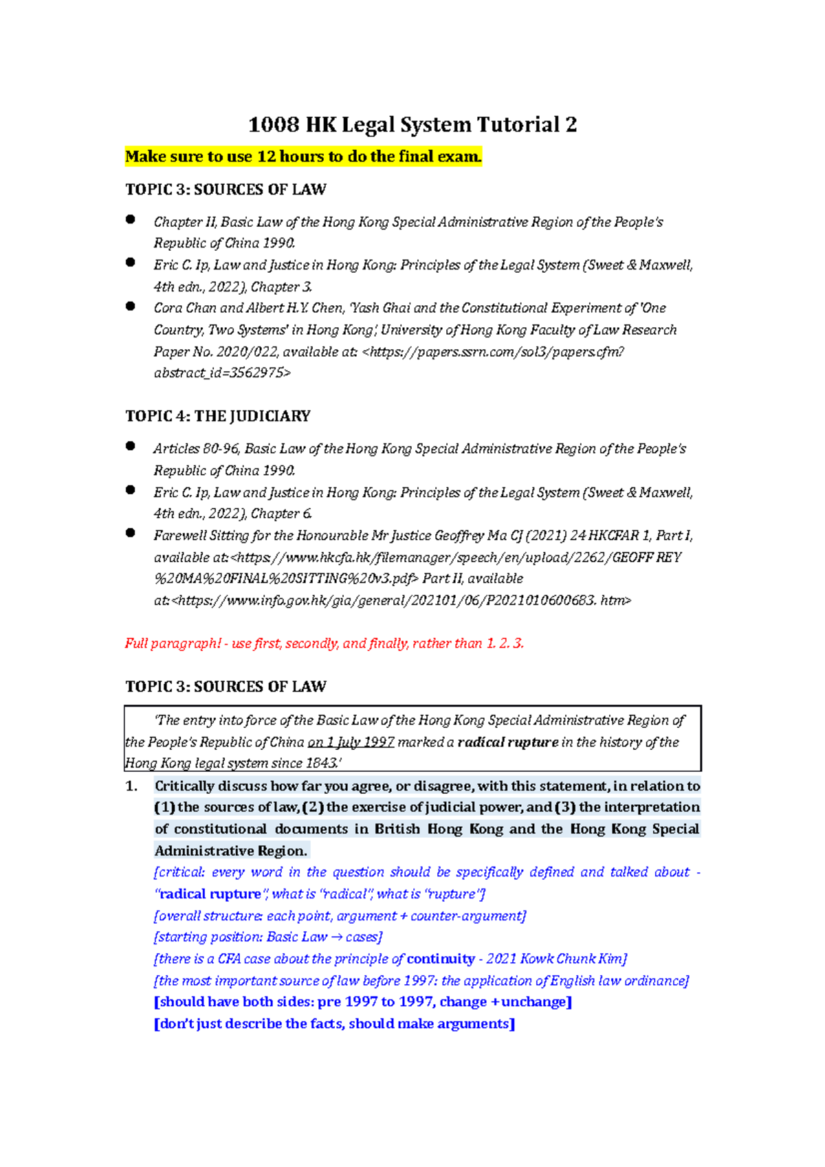 1008 - Tutorial - 2 Preparation - 1008 HK Legal System Tutorial 2 Make ...