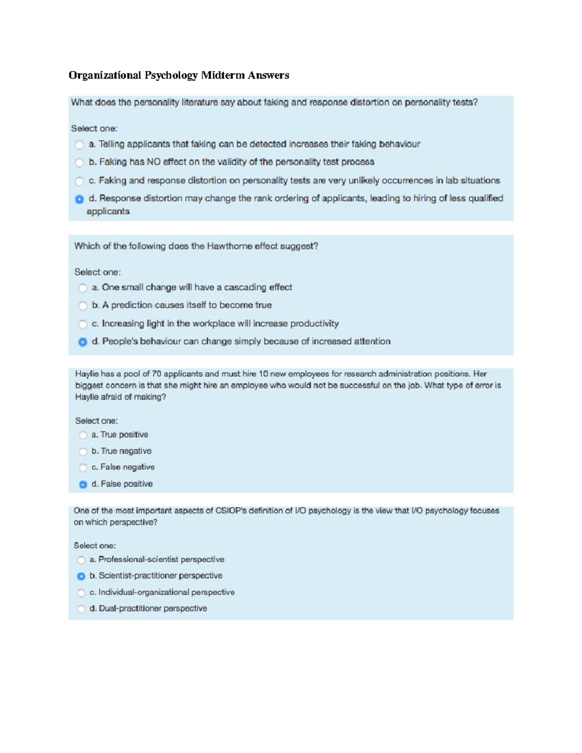 Midterm March 2018, questions and answers - Organizational Psychology ...