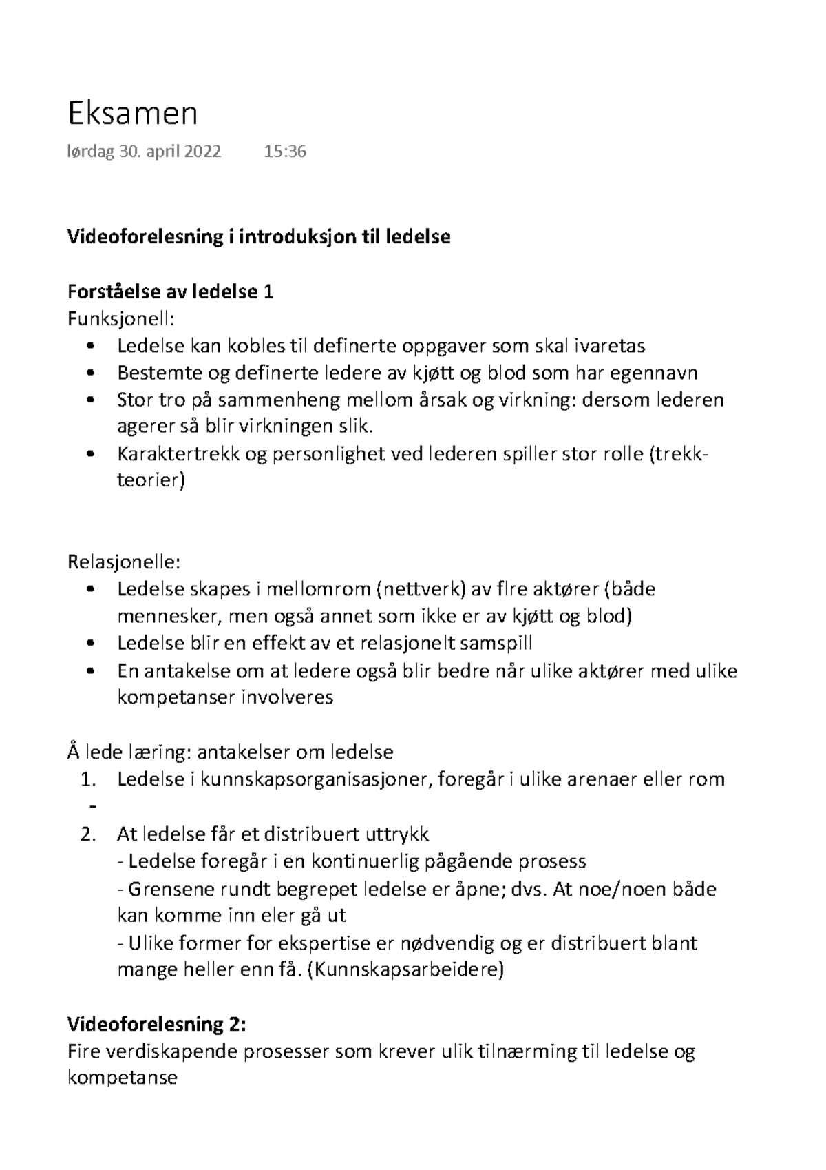 Eksamensforberedelse - Videoforelesning i introduksjon til ledelse ...