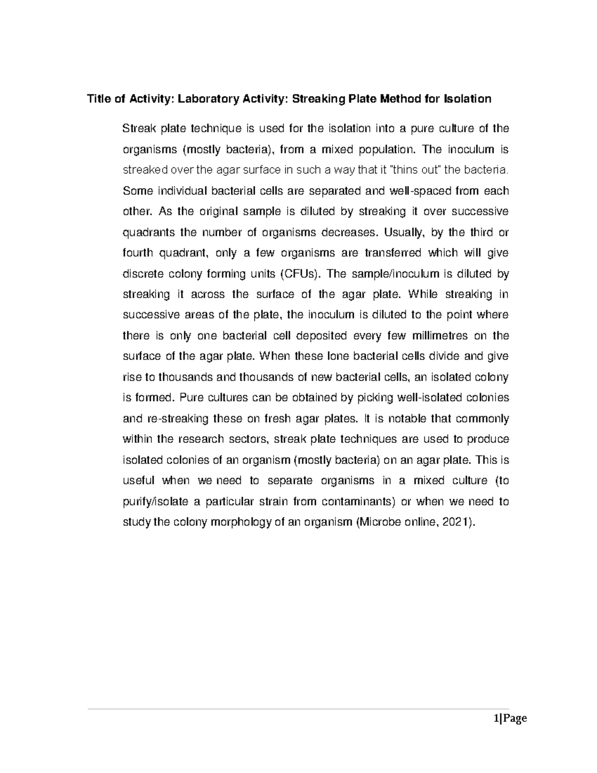 Microbio Streaking Plate Method Notes Title of Activity Laboratory