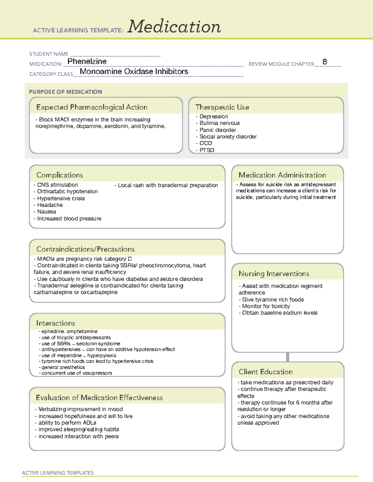 Medications ATI - ACTIVE LEARNING TEMPLATES Medication STUDENT NAME ...