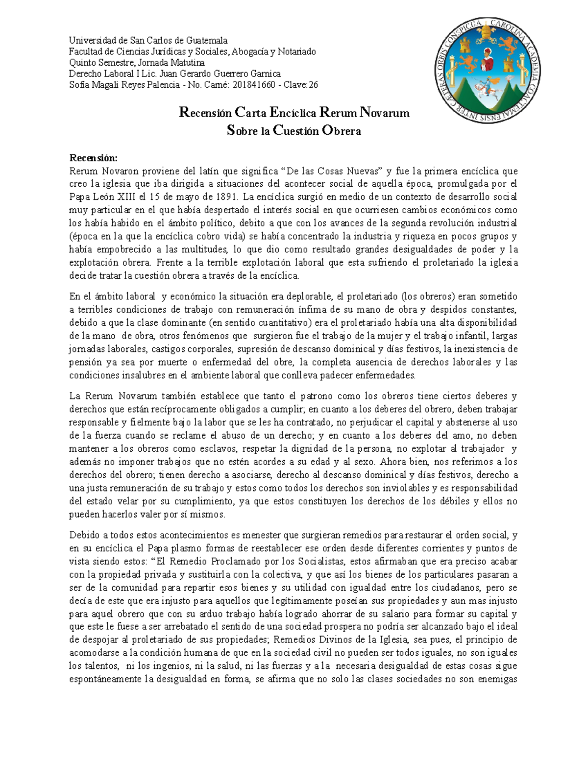 Recension Carta Enciclica Rerum Novarum Universidad De San Carlos De Guatemala Facultad De Studocu