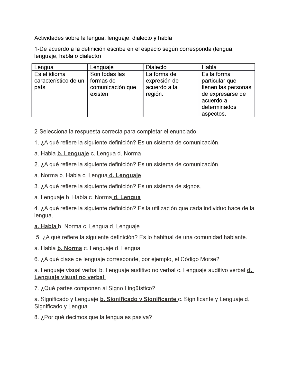 Tarea Español 1 - Actividades Sobre La Lengua, Lenguaje, Dialecto Y ...