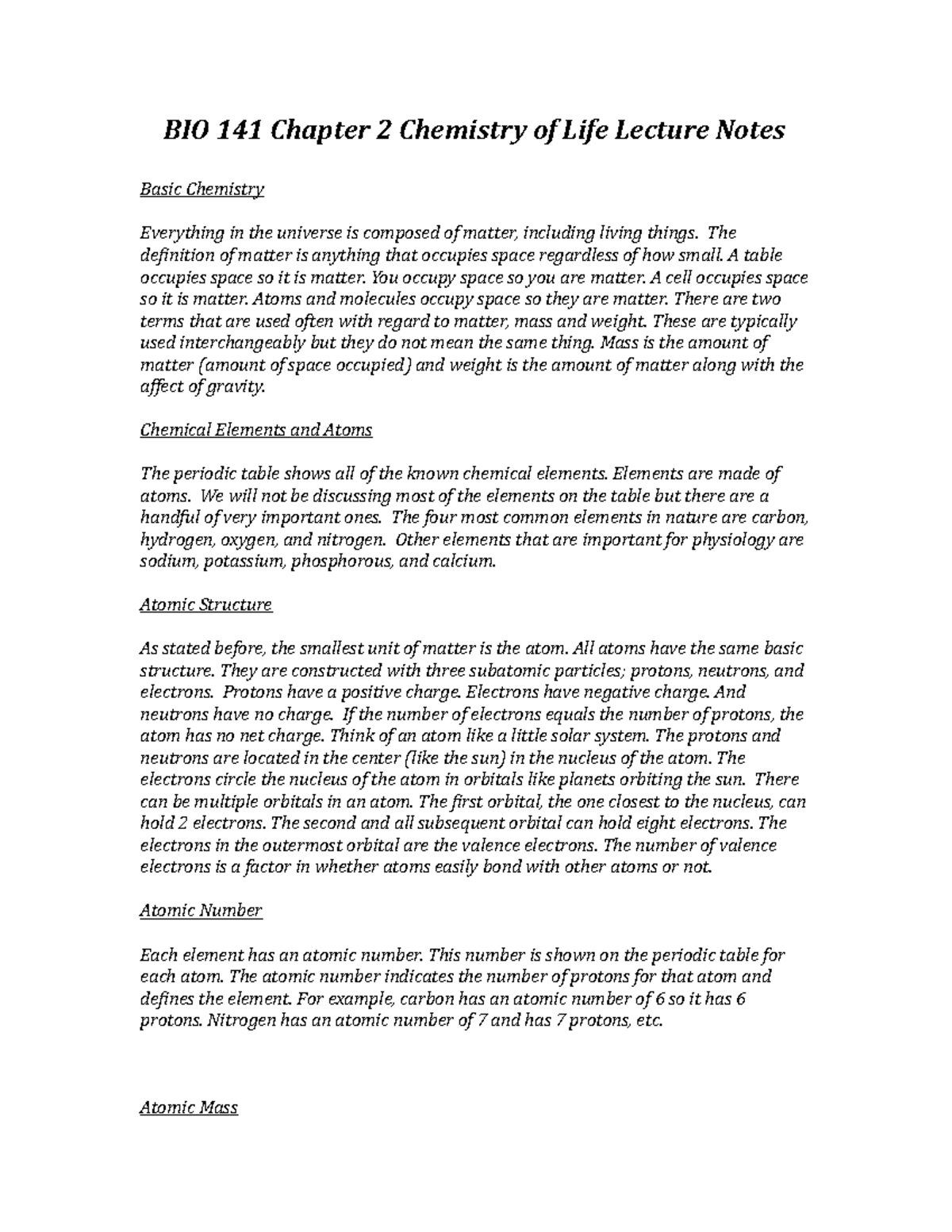 BIO 141 Chapter 2 Chemistry of Life Lecture Notes BIO 141 Chapter 2