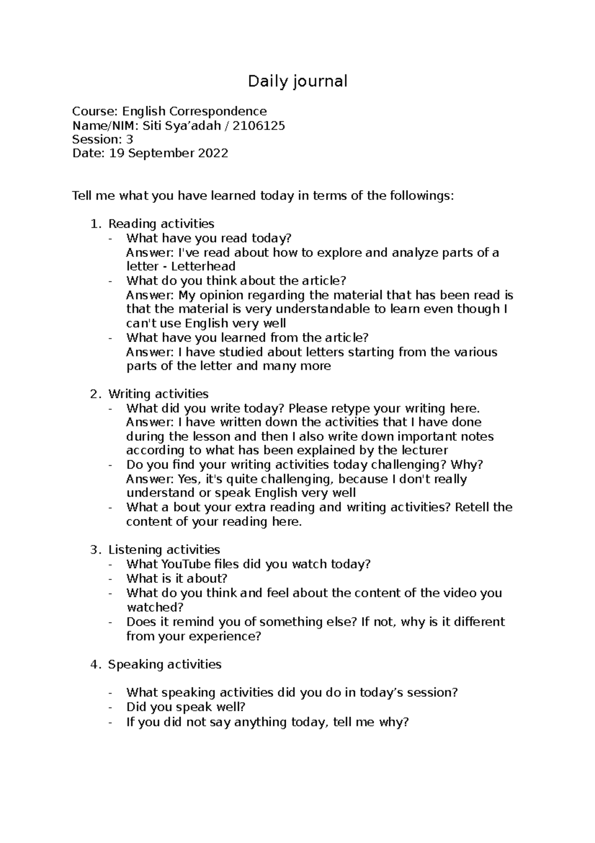 2106125 Siti Sya adah (Week 3) Daily journal Course English