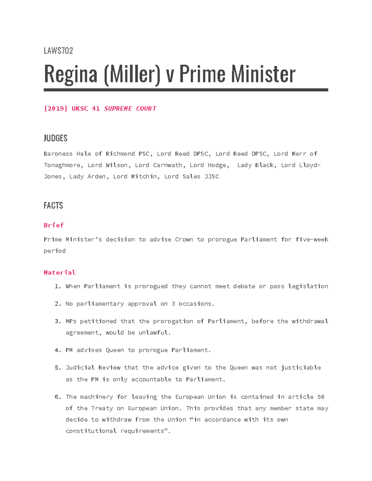 R V Prime Minister Case Brief - LAWS Regina (Miller) V Prime Minister ...