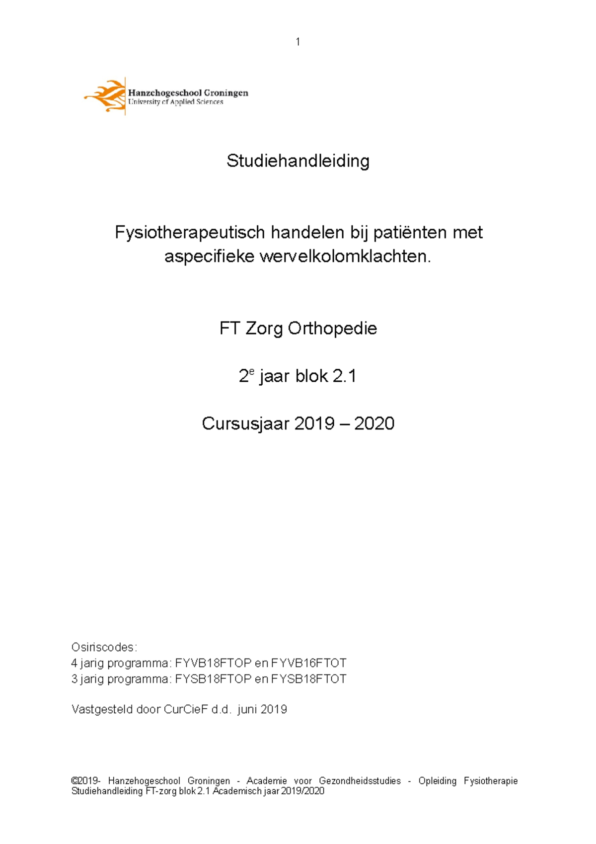 SHL Blok 2.1 2019-2020 Final - Studiehandleiding Fysiotherapeutisch ...