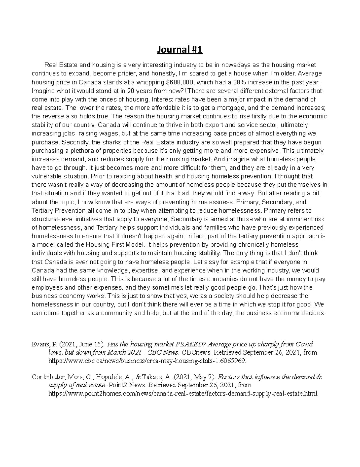 Journal #1- Real Estate and Housing REAL 2850 - Journal Real Estate and ...