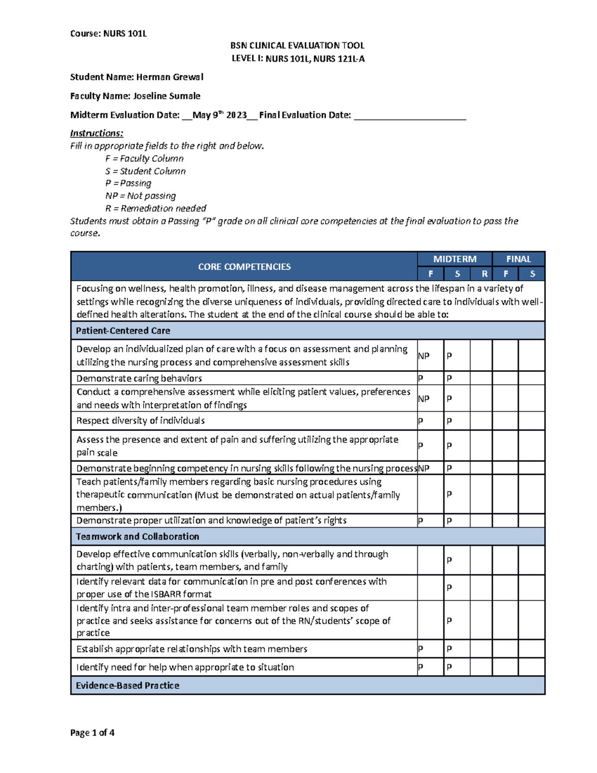 Grewal Herman Midterm - BSN CLINICAL EVALUATION TOOL LEVEL I: NURS 101L ...