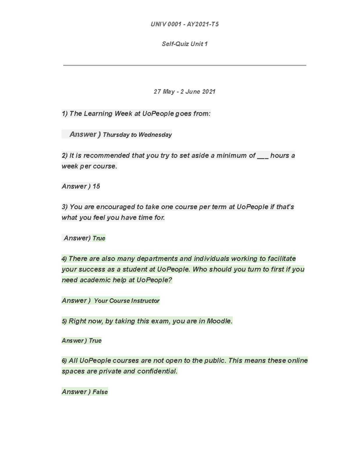 University Of People Self Quiz Unit 1 Orientation - UNIV 0001 - AY2021 ...