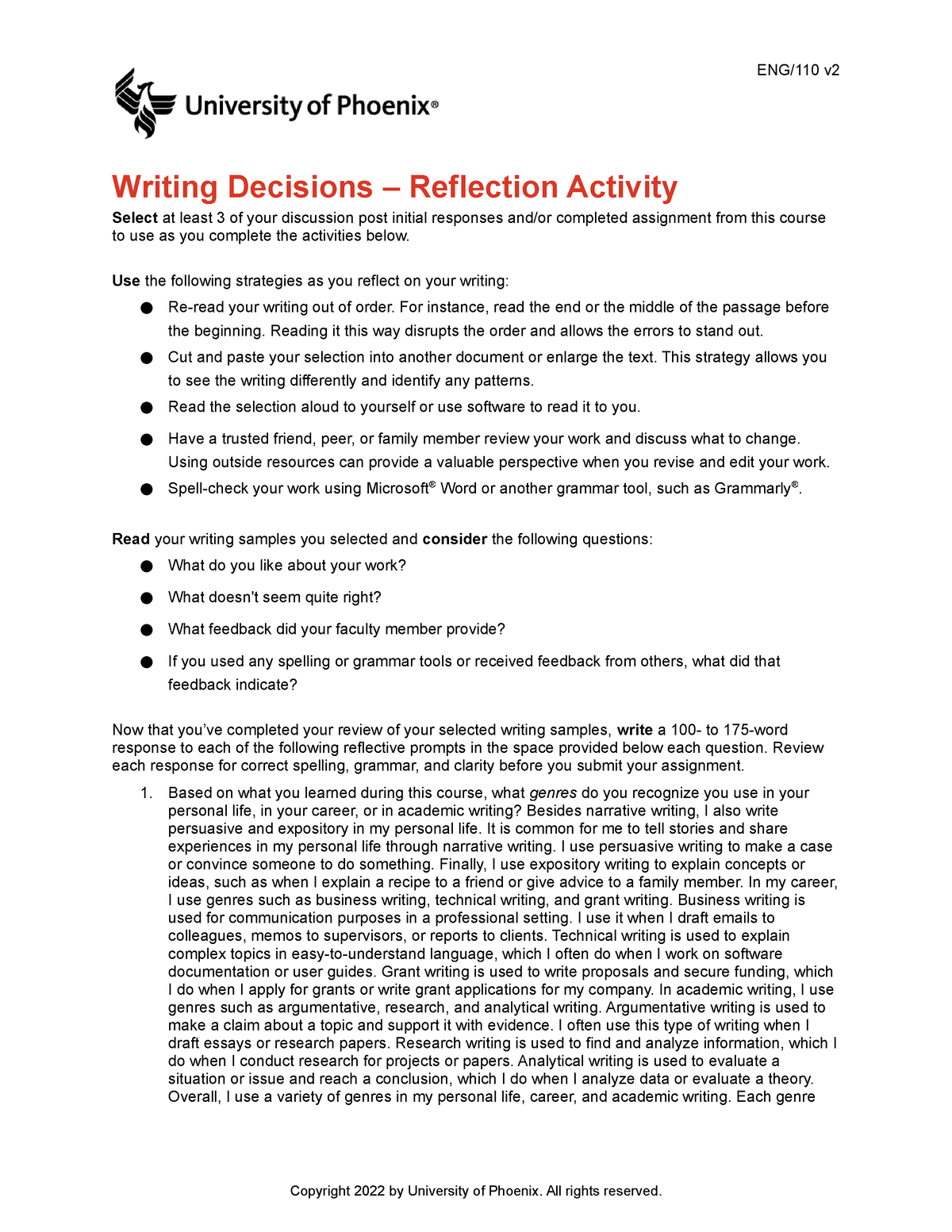 Eng110 V2 Wk5 Writing Decisions Reflection Activity 1 Eng110 V