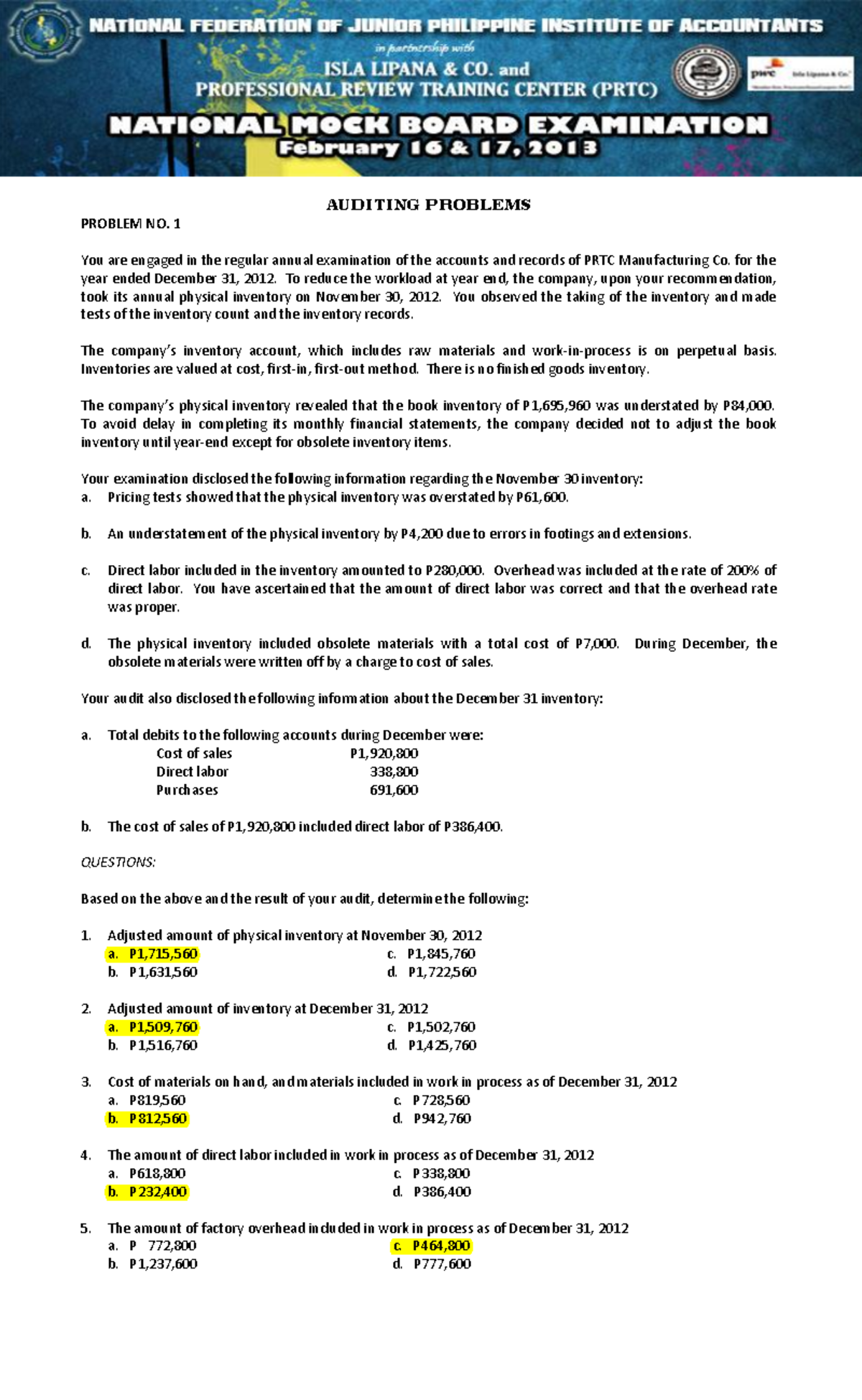 Auditing Problems With Answers Auditing Problems Problem No 1 You Are Engaged In The Regular 1974