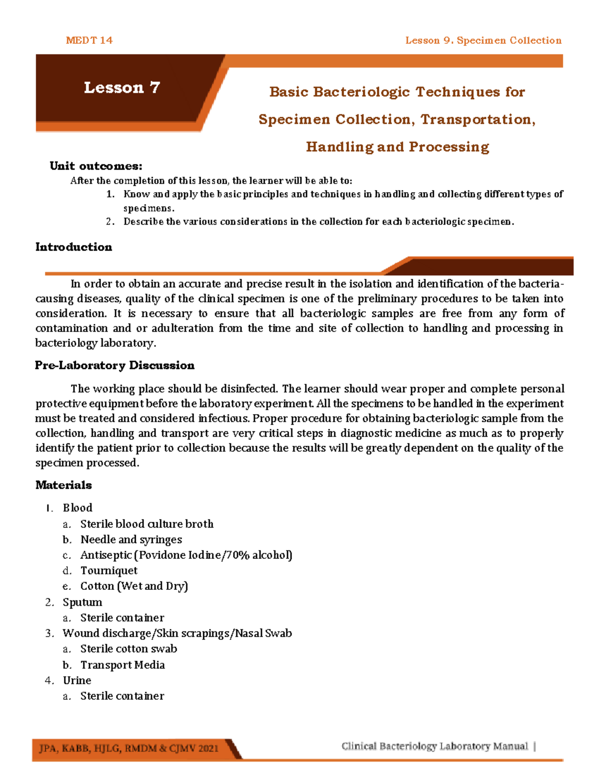 Lesson 9 - Specimen Collection - MEDT 14 Lesson 9. Specimen Collection ...