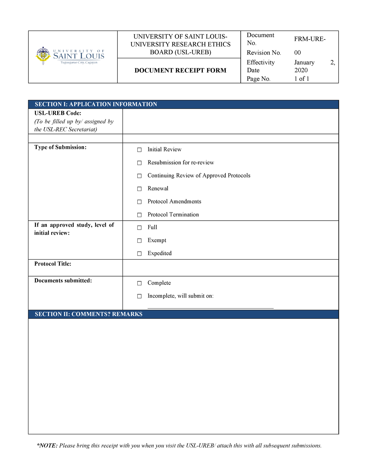 FORM URB 6 Document Receipt Form - UNIVERSITY OF SAINT LOUIS ...