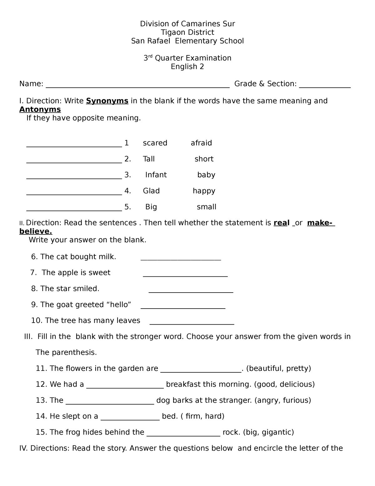 3rd quarter exam -english - Division of Camarines Sur Tigaon District ...