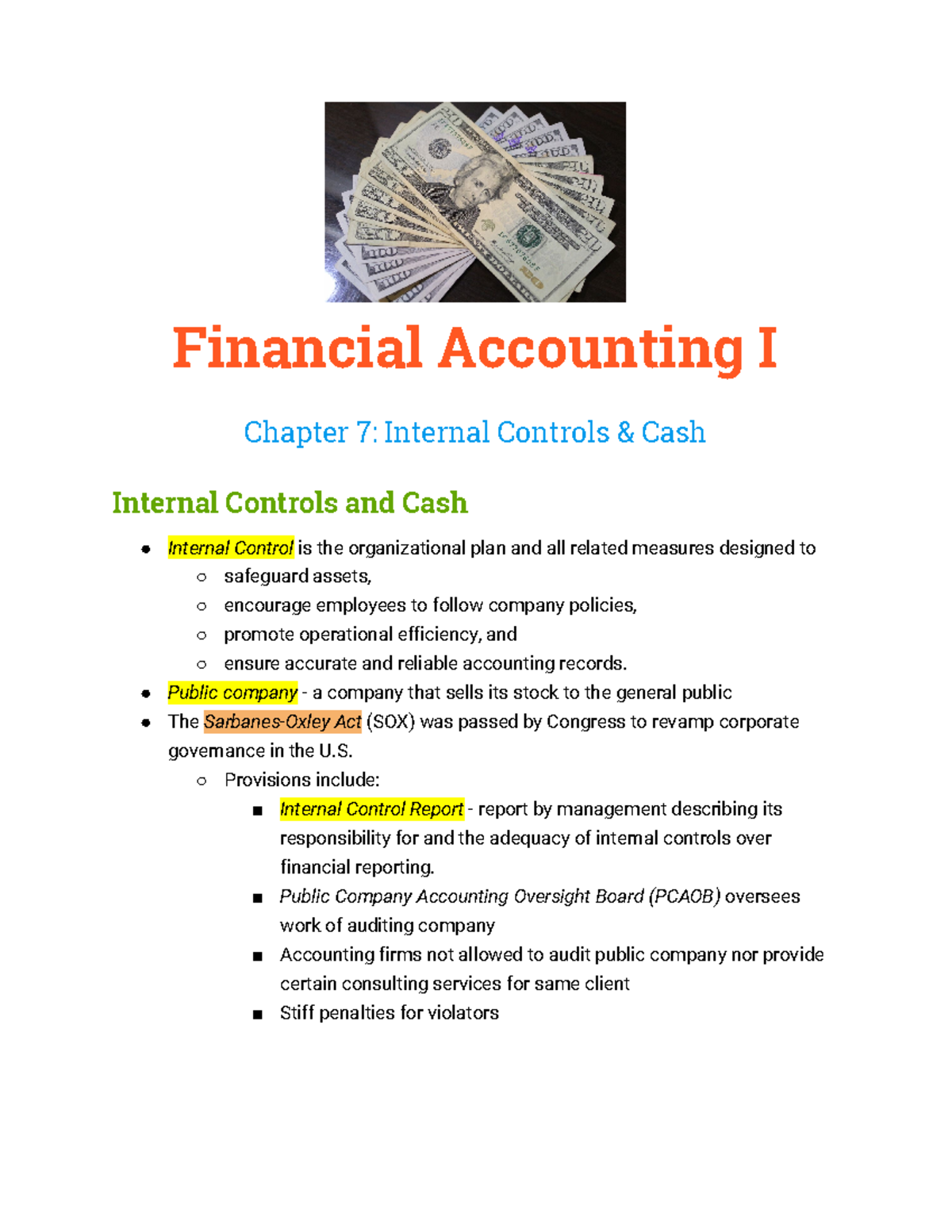 FA 1 Ch 7 Notes - Financial Accounting I Chapter 7: Internal Controls ...