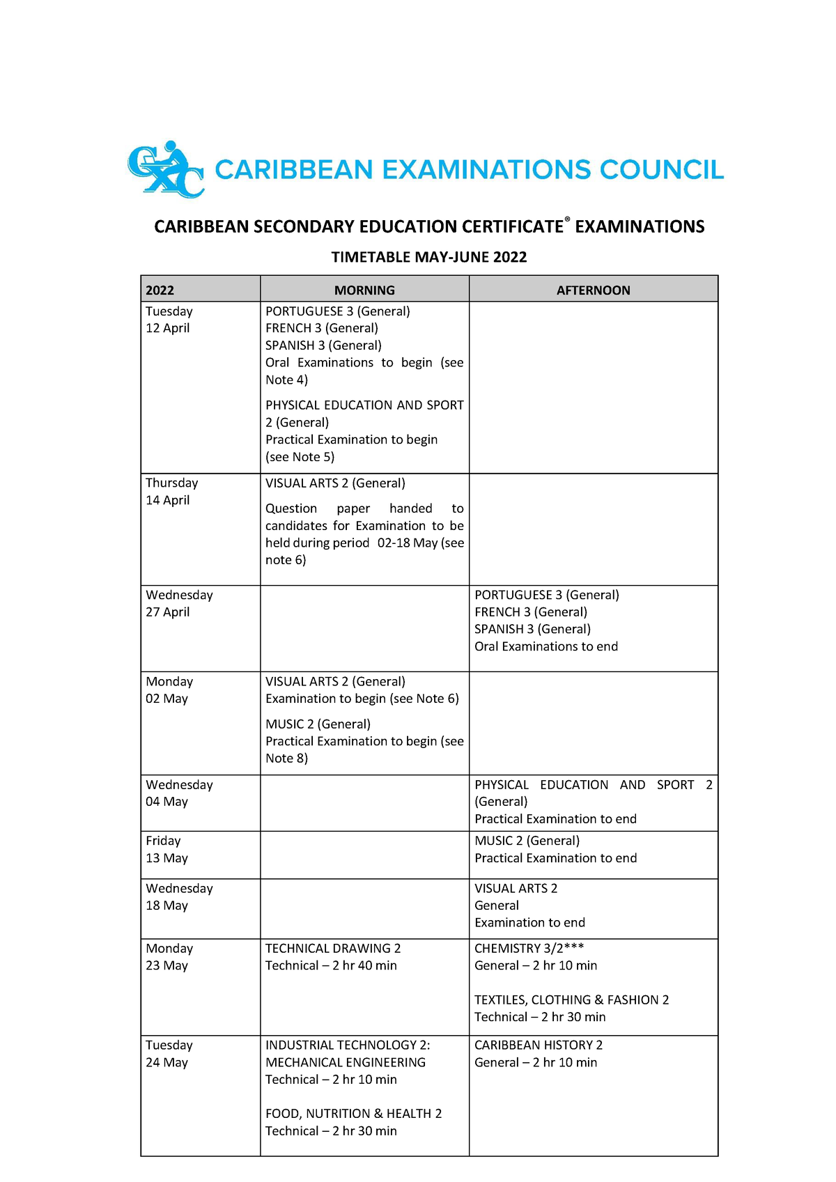 Timetable-CSEC May-June2022 Revised 29April 2022 - CARIBBEAN SECONDARY ...