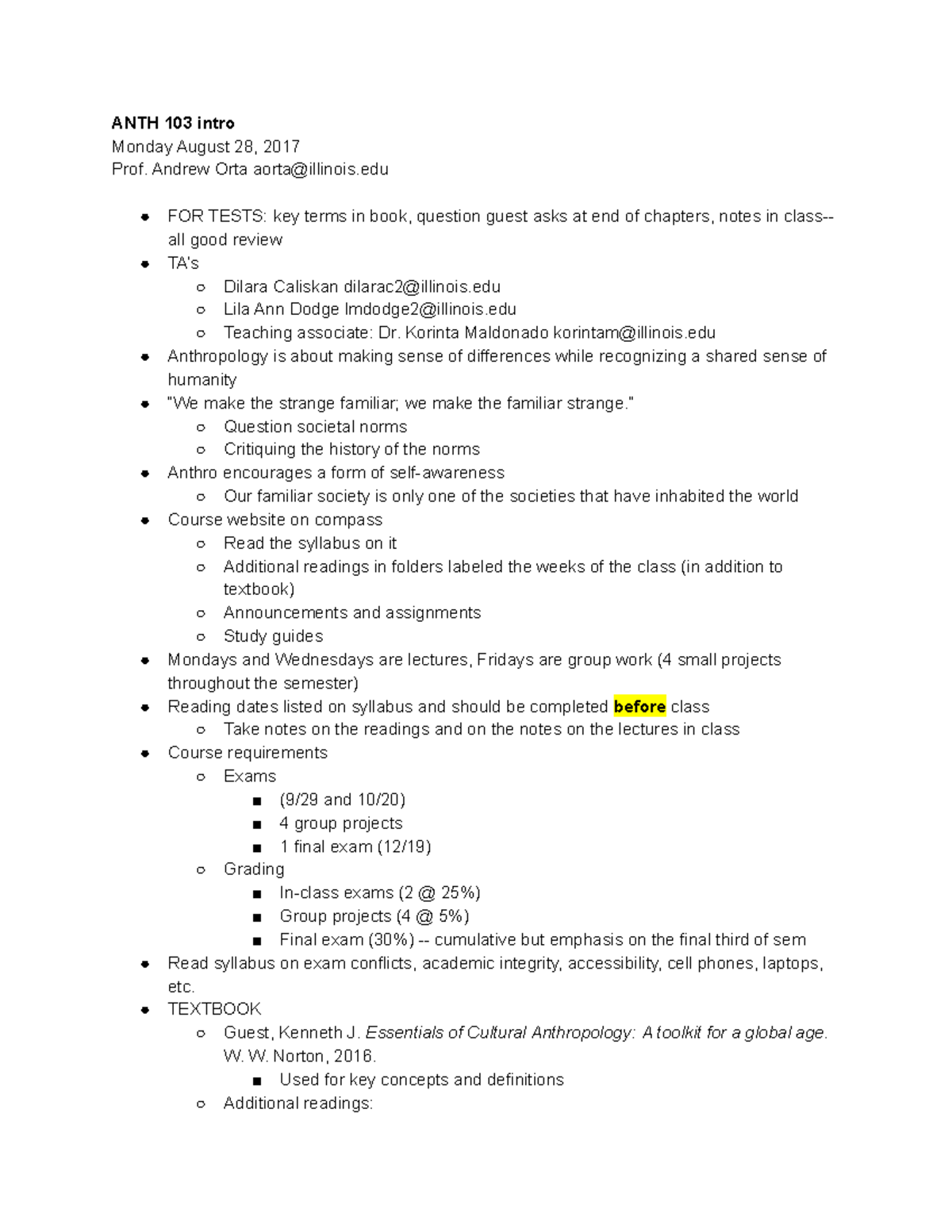 ANTH 103 Class Notes for Exam 1 - ANTH 103 intro Monday August 28, 2017 ...