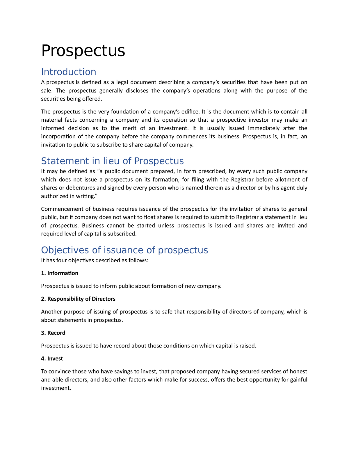 business prospectus purpose
