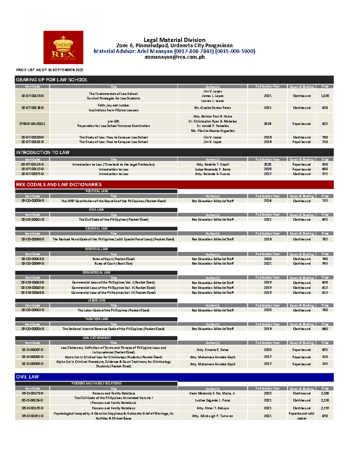 Rex Education REX Book Store Law Books Pricelist As of 30 September ...