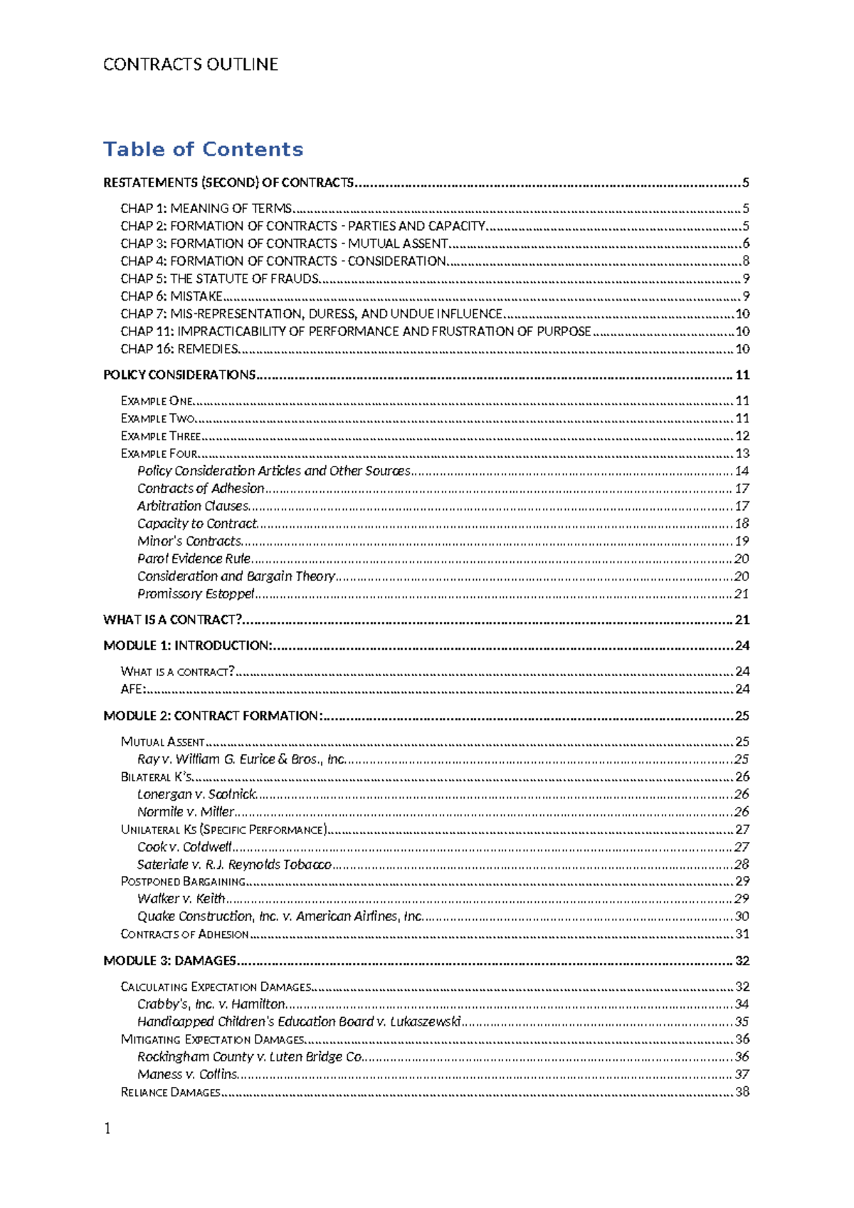 Contracts Outline - Final - Table of Contents RESTATEMENTS (SECOND) OF ...