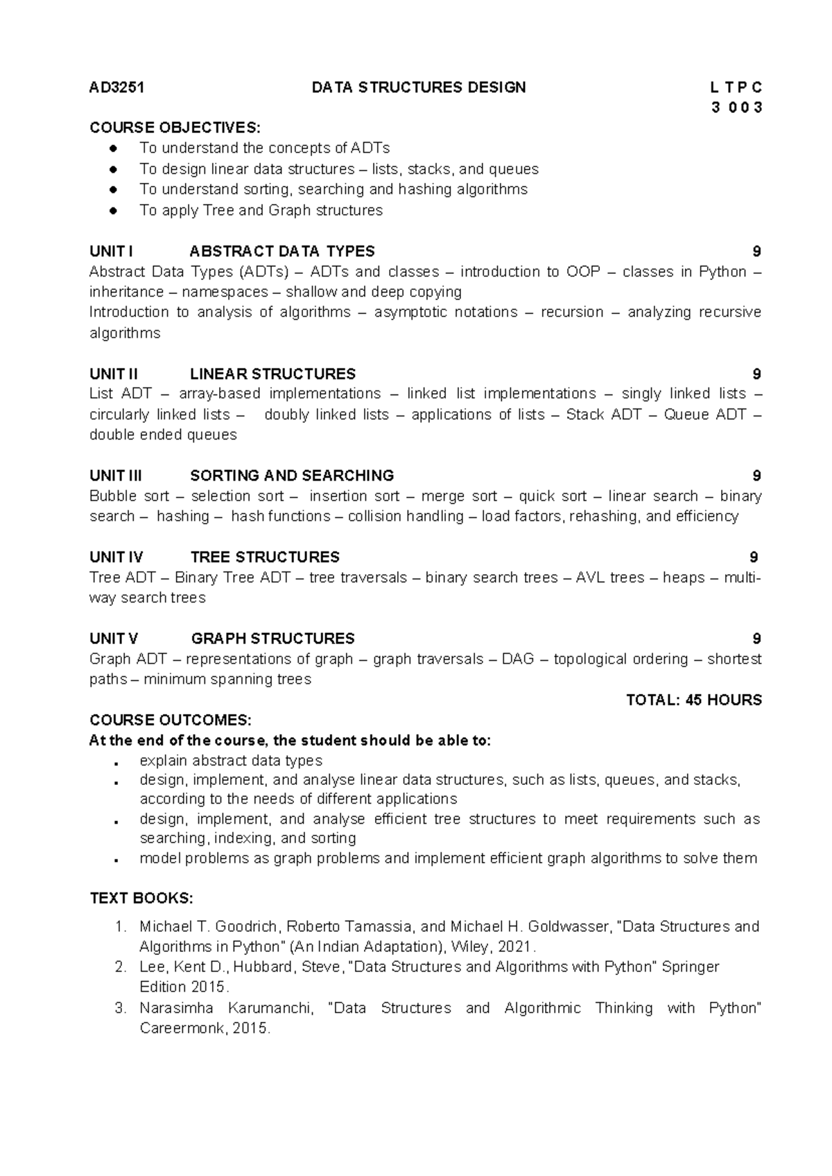 AD3251-Syllabus - material - AD3251 DATA STRUCTURES DESIGN L T P C 3 0 ...