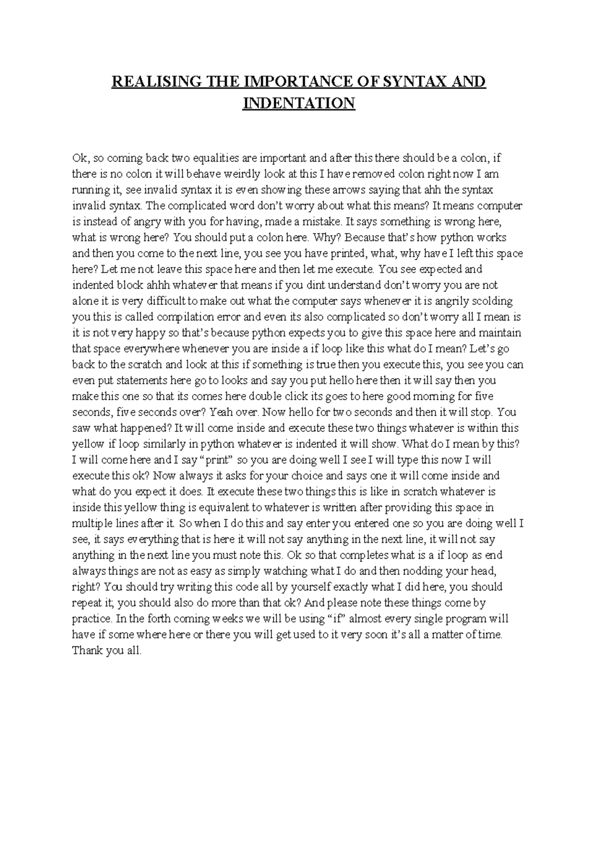 lecture notes of python - REALISING THE IMPORTANCE OF SYNTAX AND ...