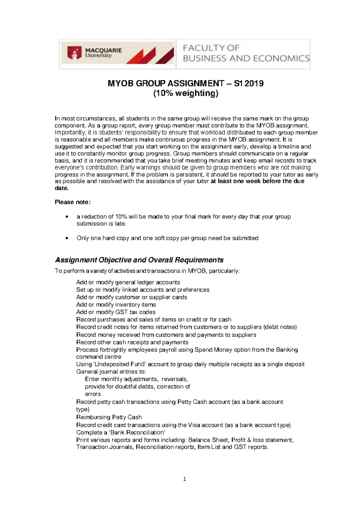 ACCG101 MYOB Group Assignment 2019 S1 - MYOB GROUP ASSIGNMENT – S1 2019 ...