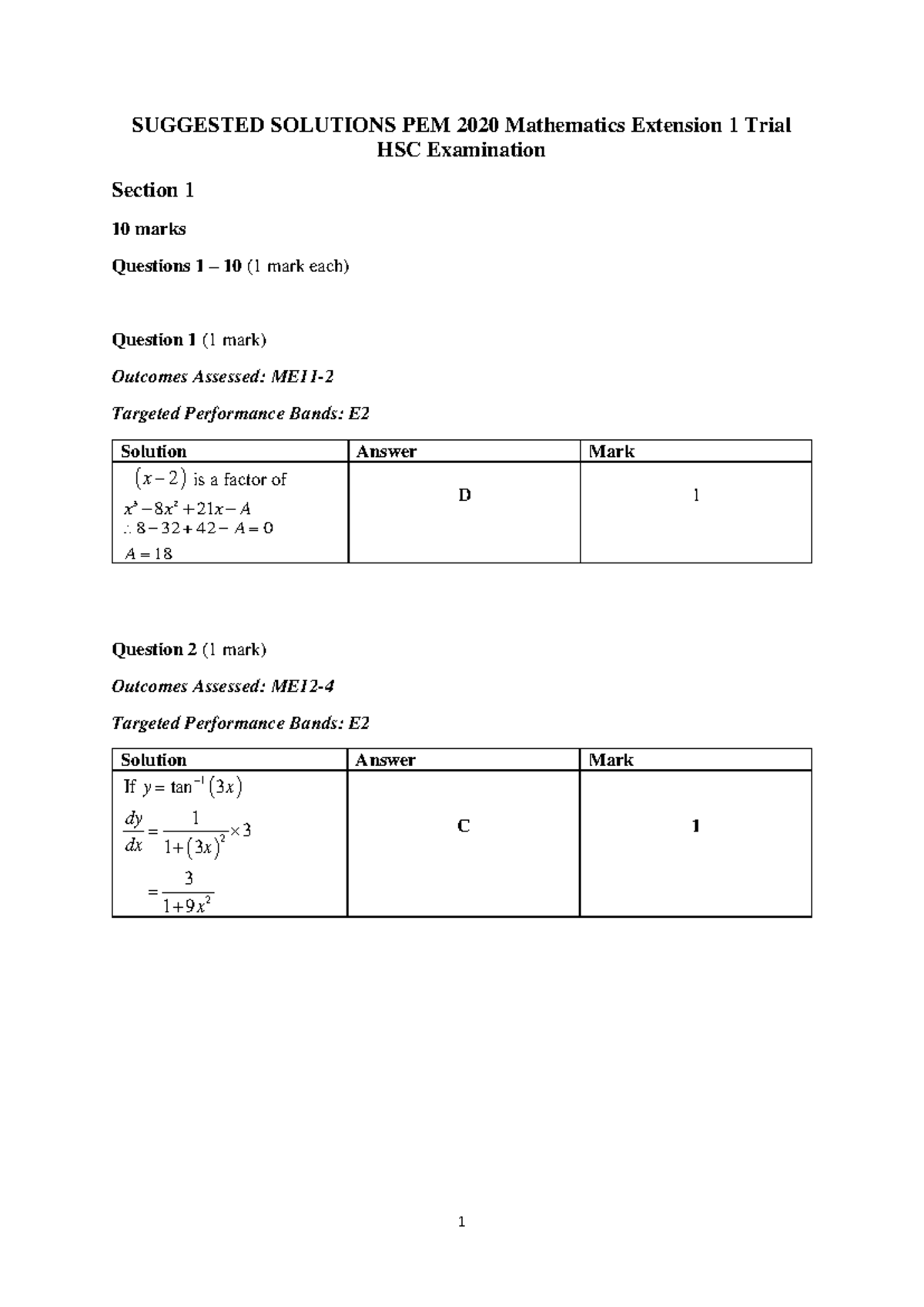PEM Mathematics Extension 1 Trial HSC Marking Criteria - SUGGESTED ...