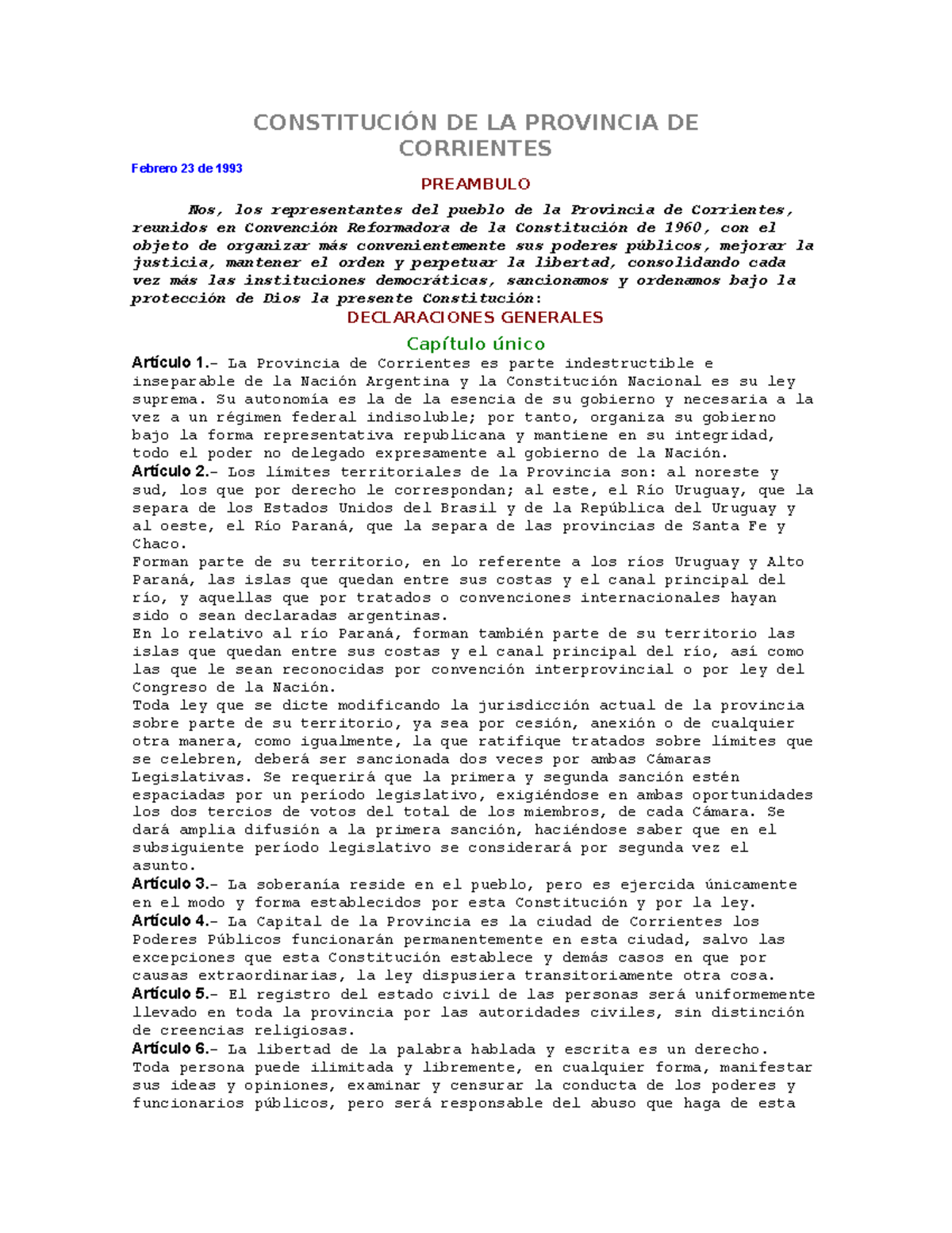 Constituci N De La Provincia De Corrientes Constituci N De La Provincia De Corrientes Febrero